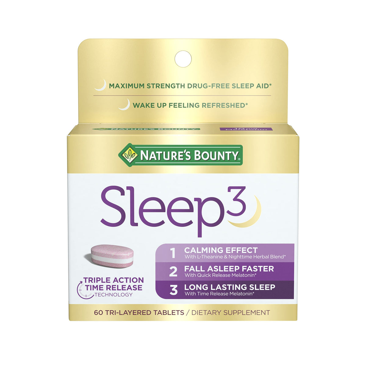 Nature's Bounty Sleep3 Melatonin 10 mg, maximale Stärke, 100 % medikamentenfreie Schlafhilfe, Nahrungsergänzungsmittel, L-Theanin & pflanzliche Gute-Nacht-Mischung, Time Release Technologie, 60 dreischichtige Tabletten