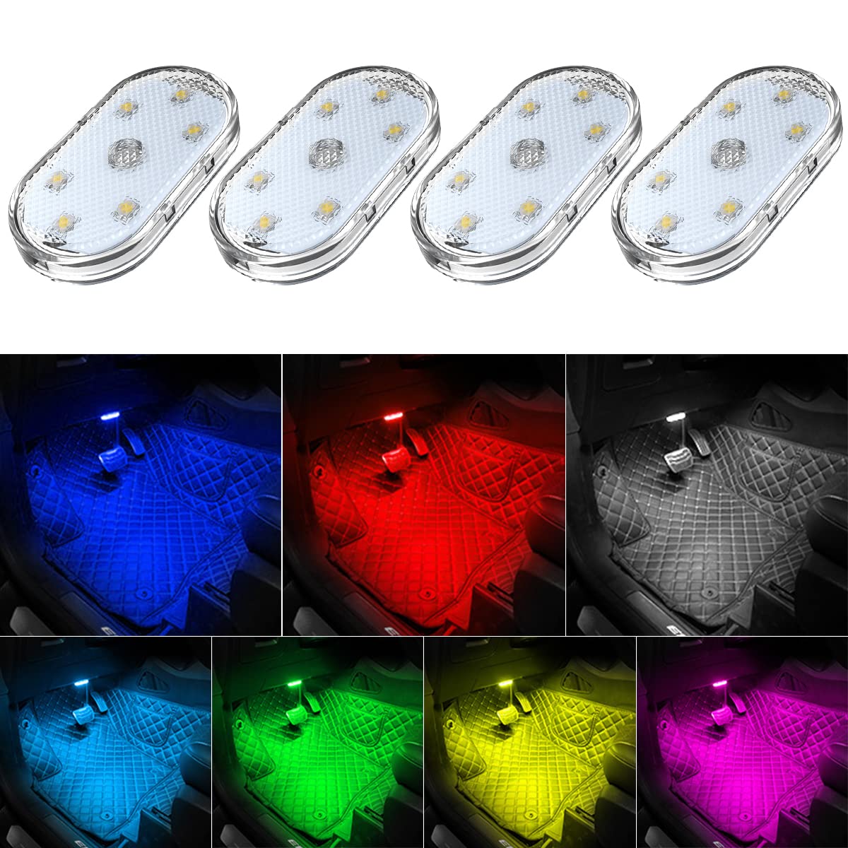 4 قطع مصابيح LED داخلية للسيارة لاسلكية، 7 ألوان أضواء داخلية للسيارة مع 6 خرز مصباح LED ساطع، مصباح ليلي LED داخلي للسيارة محمول قابل لإعادة الشحن بمنفذ USB لتزيين السيارة