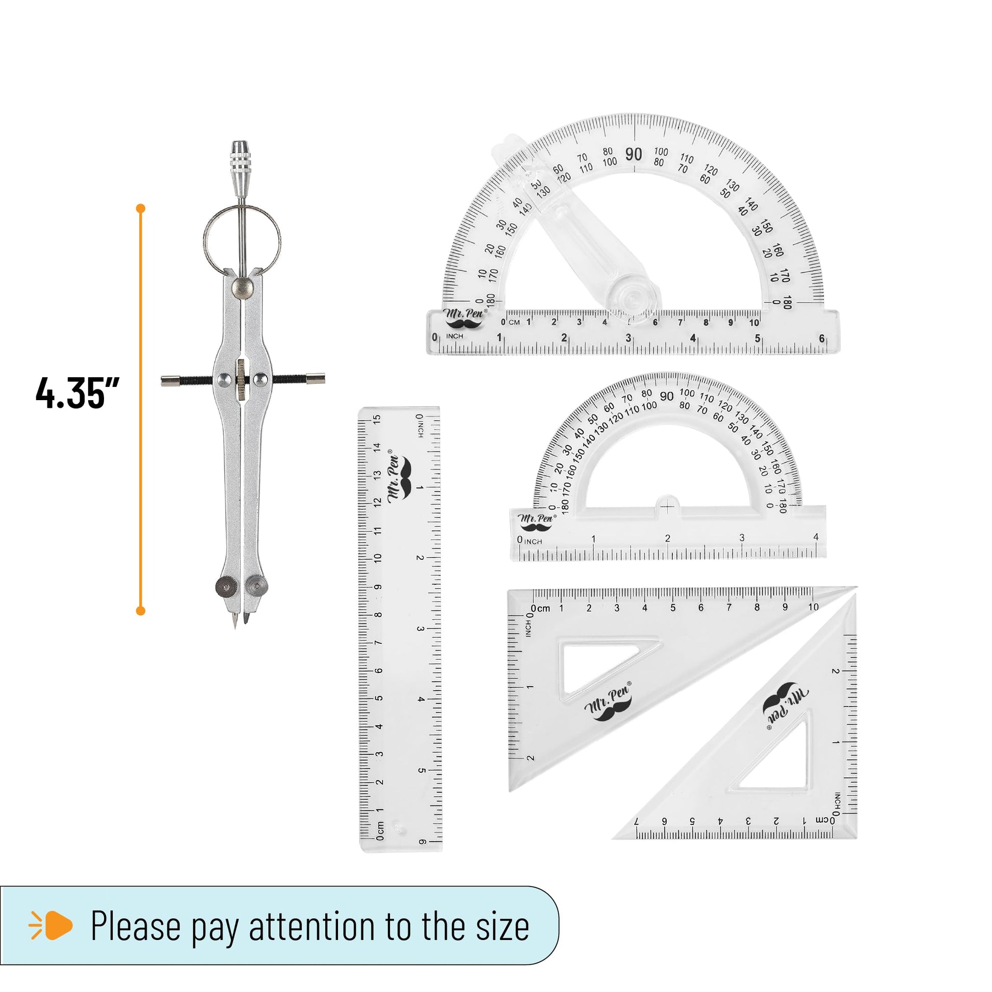 Mr. Pen Geometry Set with 6 Inch Swing Arm Protractor, Divider, Set Squares, Ruler, Compasses and Protractor, 15 Piece Set, Back to School Supplies