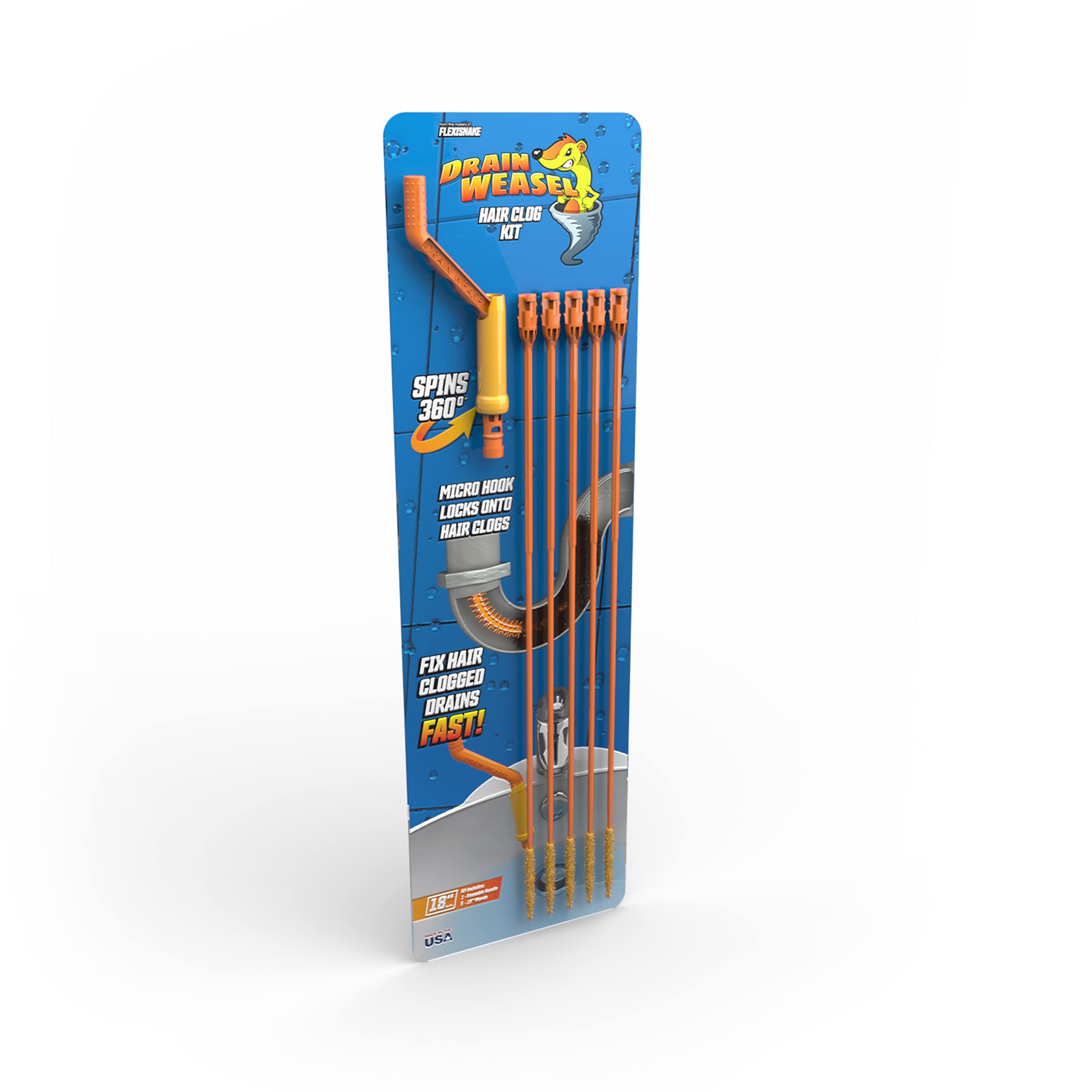 FlexiSnake Drain Weasel أداة إزالة انسداد الشعر من مصرف الحوض، الأنابيب، الحمام، منظف حوض الاستحمام، 18 بوصة، صنع في الولايات المتحدة الأمريكية، 5 عصي ومقبض قابل للإزالة