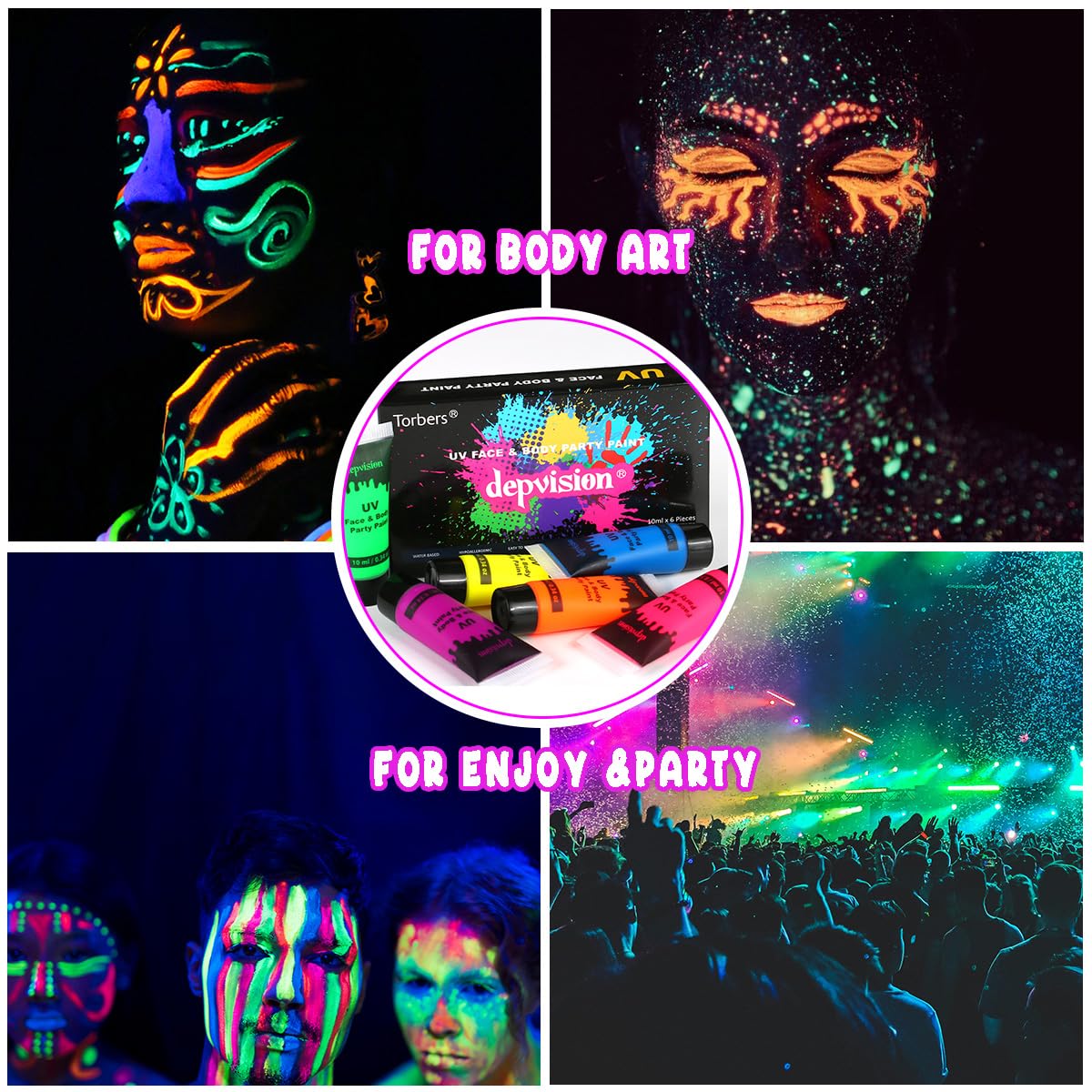 Depvision Glow in the Dark UV Face and Body Paint 6*10ml Neon Blacklight 0.34oz Reactive Fluorescent for Christmas Halloween Party Non-toxic