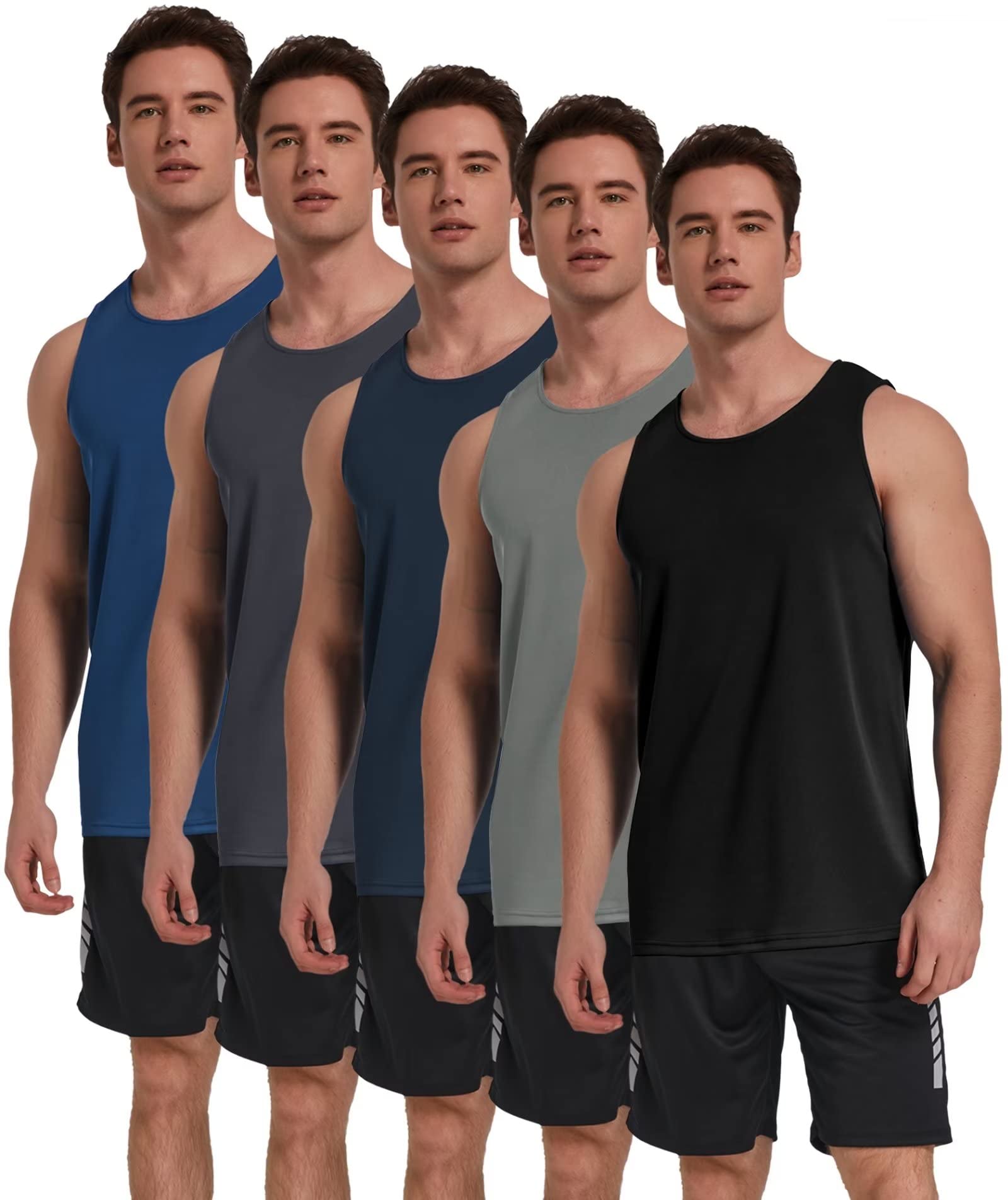 TELALEO 5 Pack Men's Workout Tank Tops Sleeveless Mesh Muscle Gym Shirt Quick Dry Black/Gray/Charcoal/Navy/Blue L