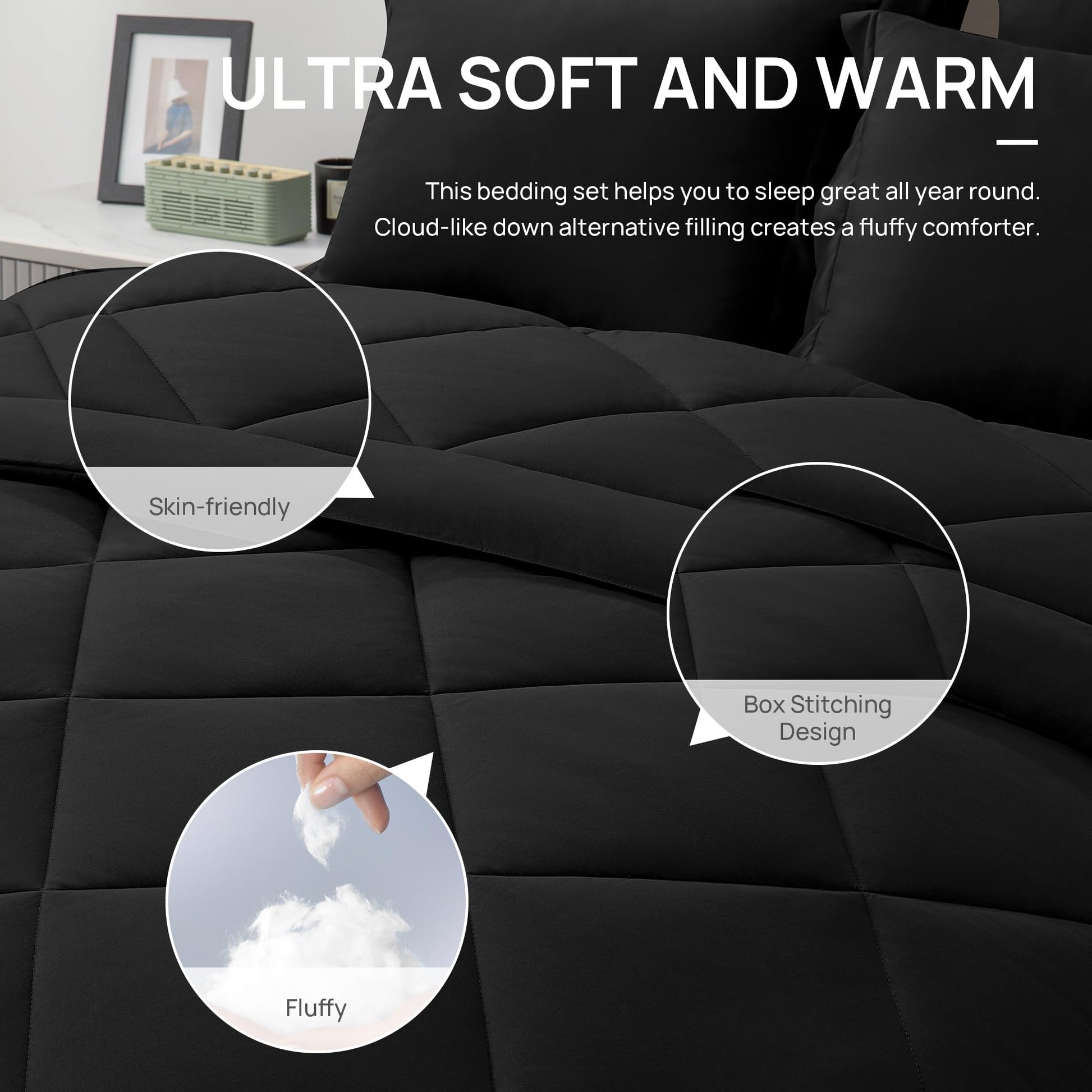 Love's cabin Full Comforter Set Black, 7 Pieces Full Bed in a Bag, All Season Full Bedding Sets with 1 Comforter, 1 Flat Sheet, 1 Fitted Sheet, 2 Pillowcase and 2 Pillow Sham