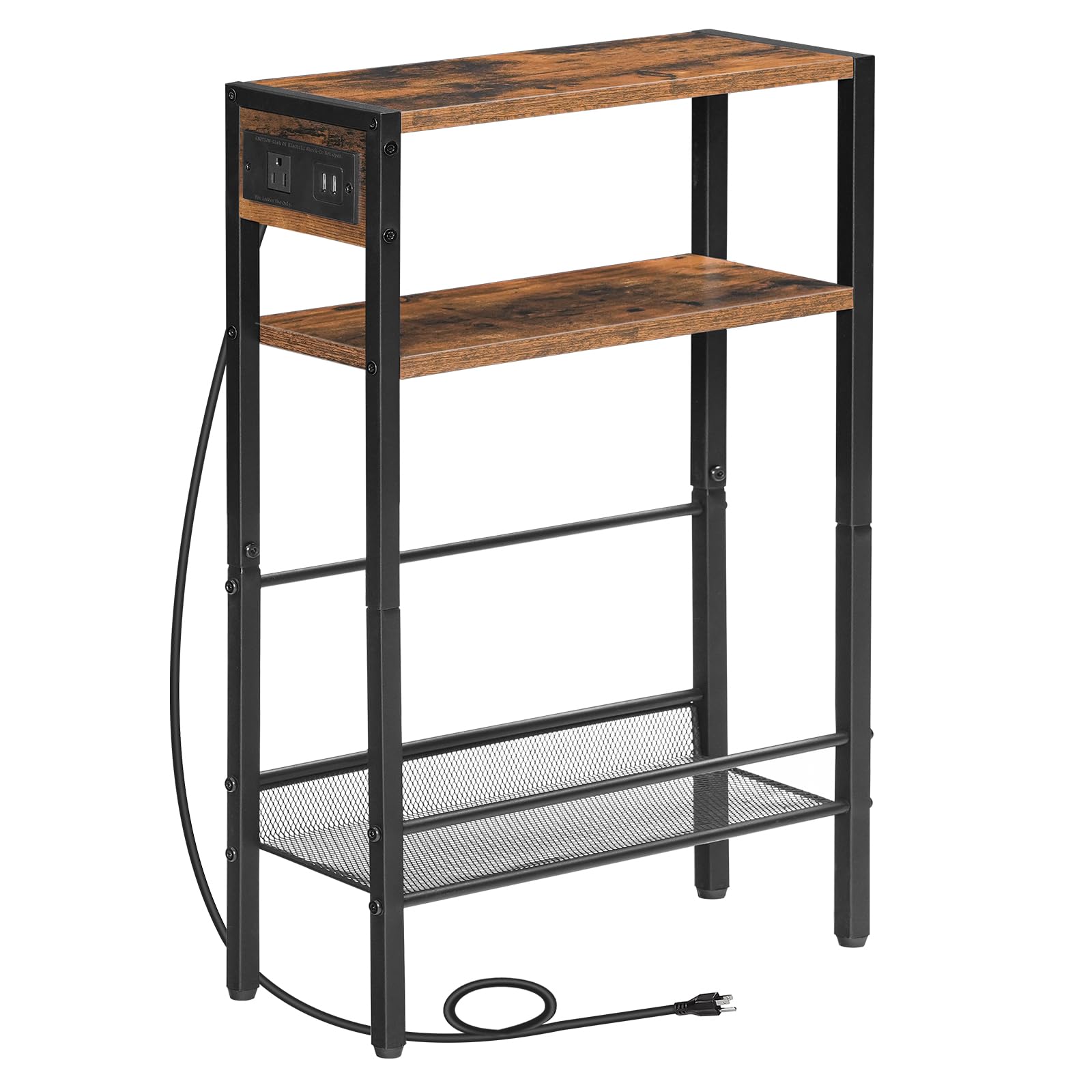 HOOBRO Kleiner schmaler Beistelltisch mit Ladestation, schmaler Couchtisch für kleine Räume, schlanker Nachttisch mit USB-Anschlüssen, Sofabeistelltisch mit Ablagefach, Rustikalbraun und Schwarz BF102UBZ01