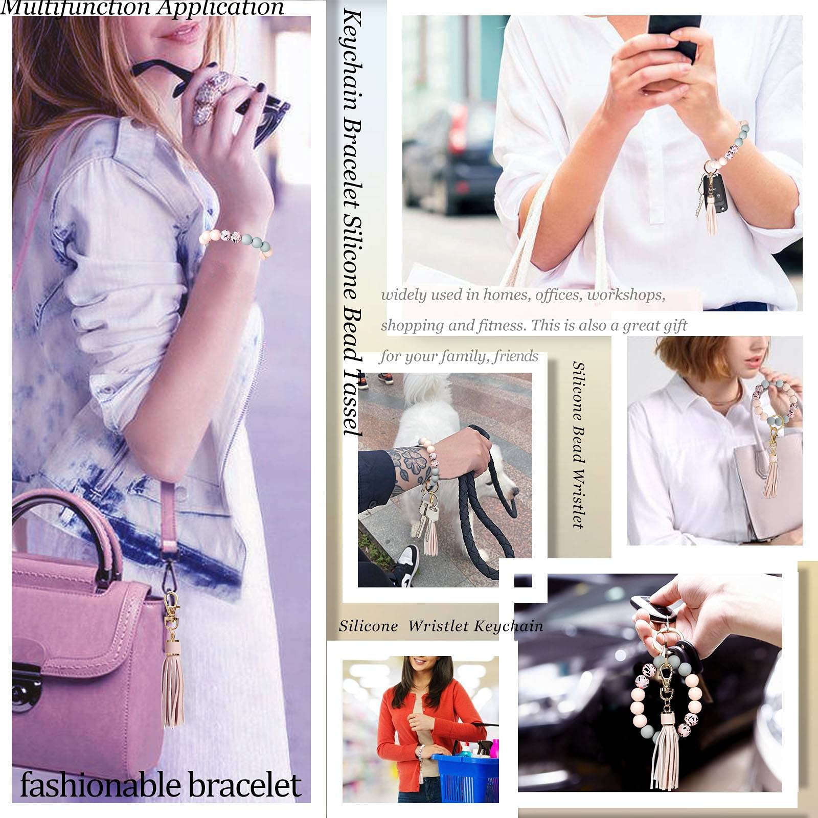 BIHRTC Keychain Wristlet Bracelet Silicone Key Ring Bracelet Wristlet Keychain with Leather Tassel Wrist Key Ring Bangle Silicone Bead keyring for Women