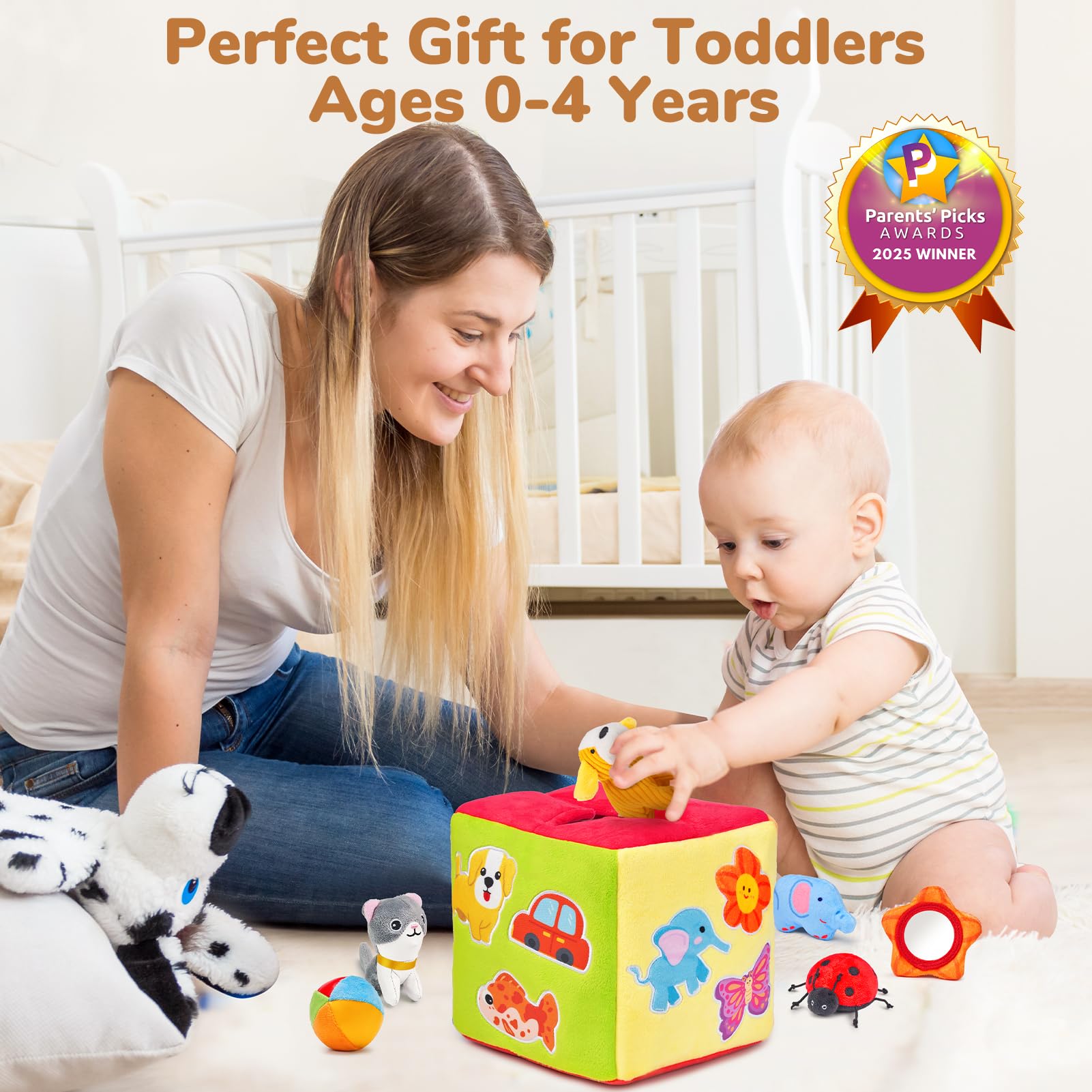 JoyCat Baby Toys 6-12 Months - Mystery Soft Box with 10 Sensory Objects, Rattle, Crinkle Paper, Mirror - What's Inside Box Infant Gifts, Soft Busy Toys 1-2 - Baby Birthday Gifts Boy Girl Chirstmas