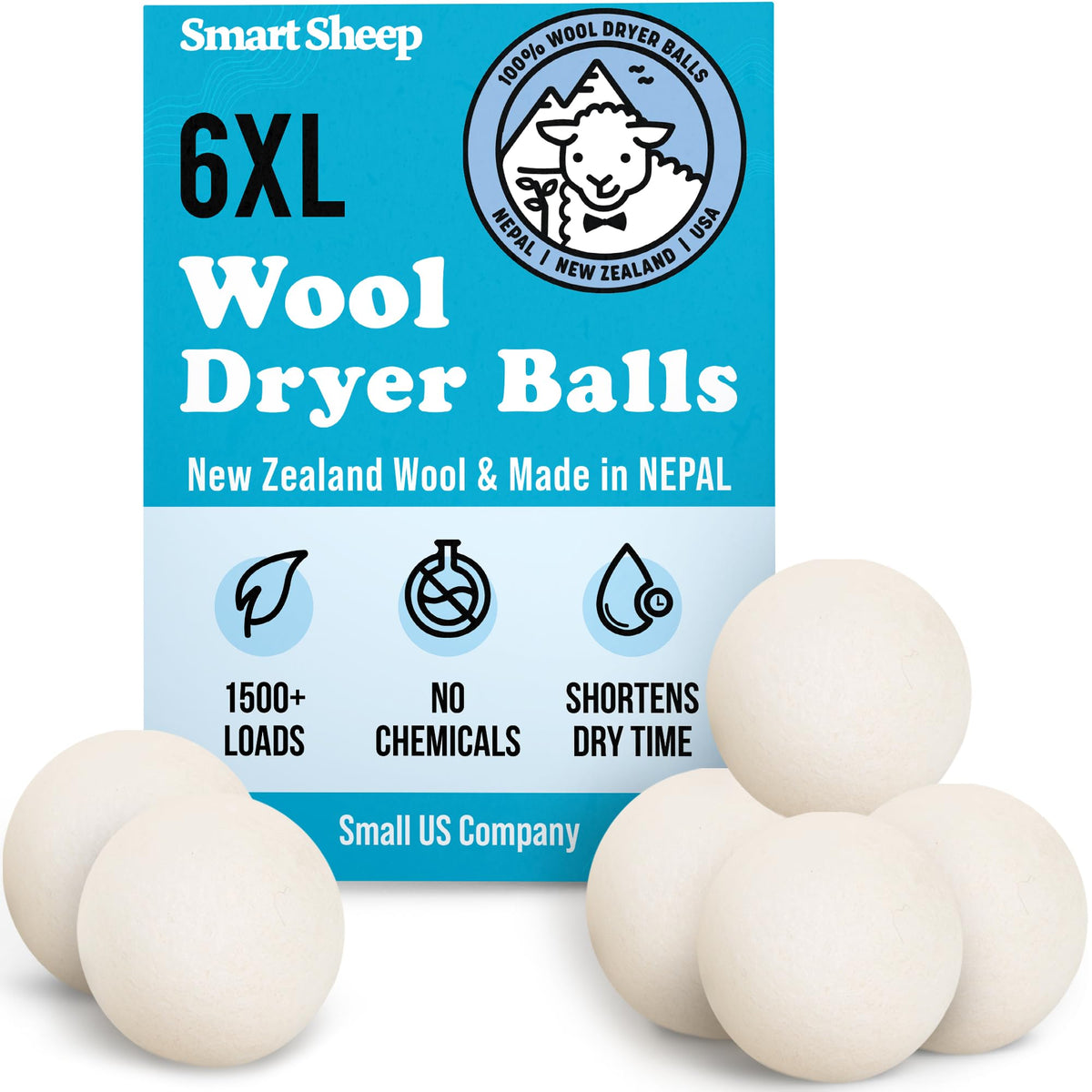 Smart Sheep Woll-Trocknerbälle - 6er-Pack - XL Premium Natürlicher Weichspüler Preisgekrönt - Wollbälle ersetzen Trocknertücher - Wollbälle für den Trockner - Wäschebälle für den Trockner