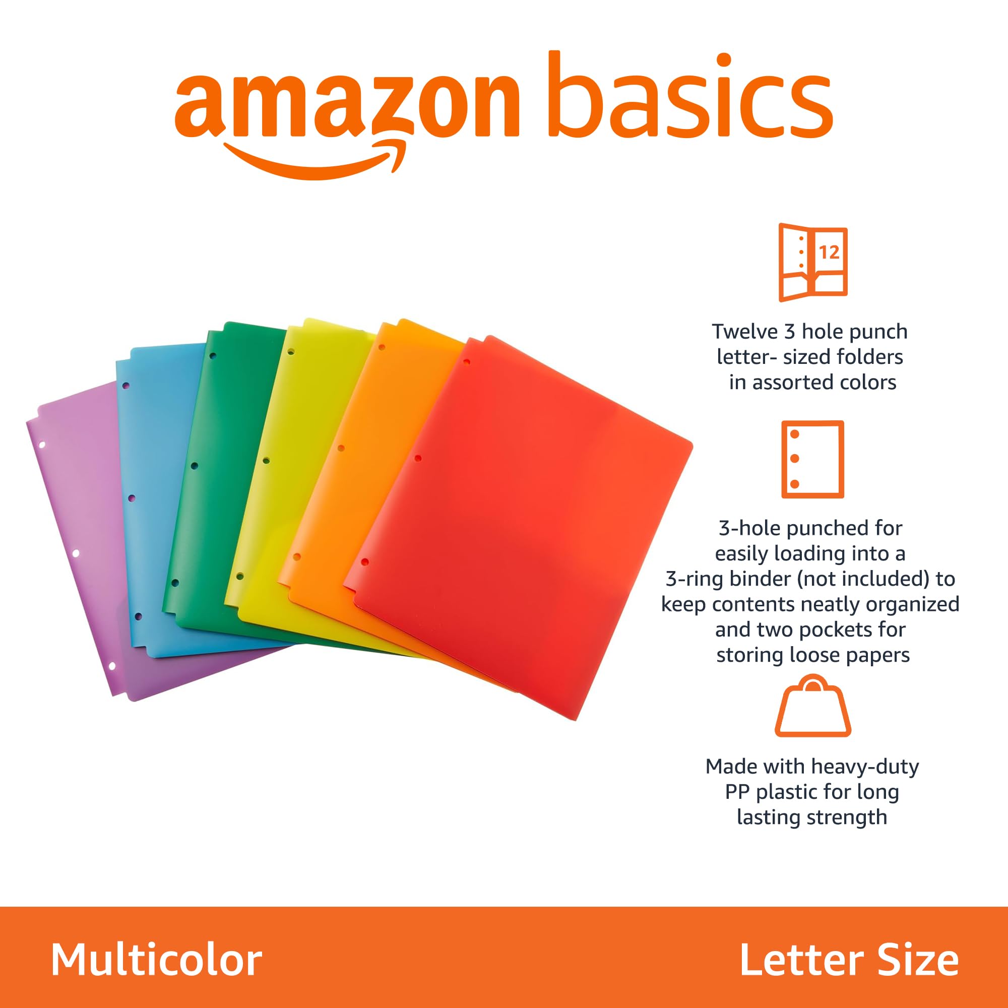 Amazon Basics Plastic 3 Hole Punch Folders with 2 Pockets, 8.5 x 11 inches, Pack of 12, Assorted Color