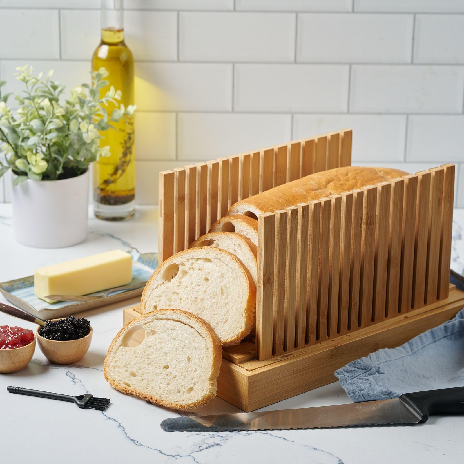 Bread Slicer for Homemade Bread - BAMBUSI New Upgrade Bamboo Bread Cutter with Adjustable Width, Foldable Compact Slicing Guide and Crumb Tray - Bread Cutter for Loaf, Cake, Bagels - Gift for Bakers