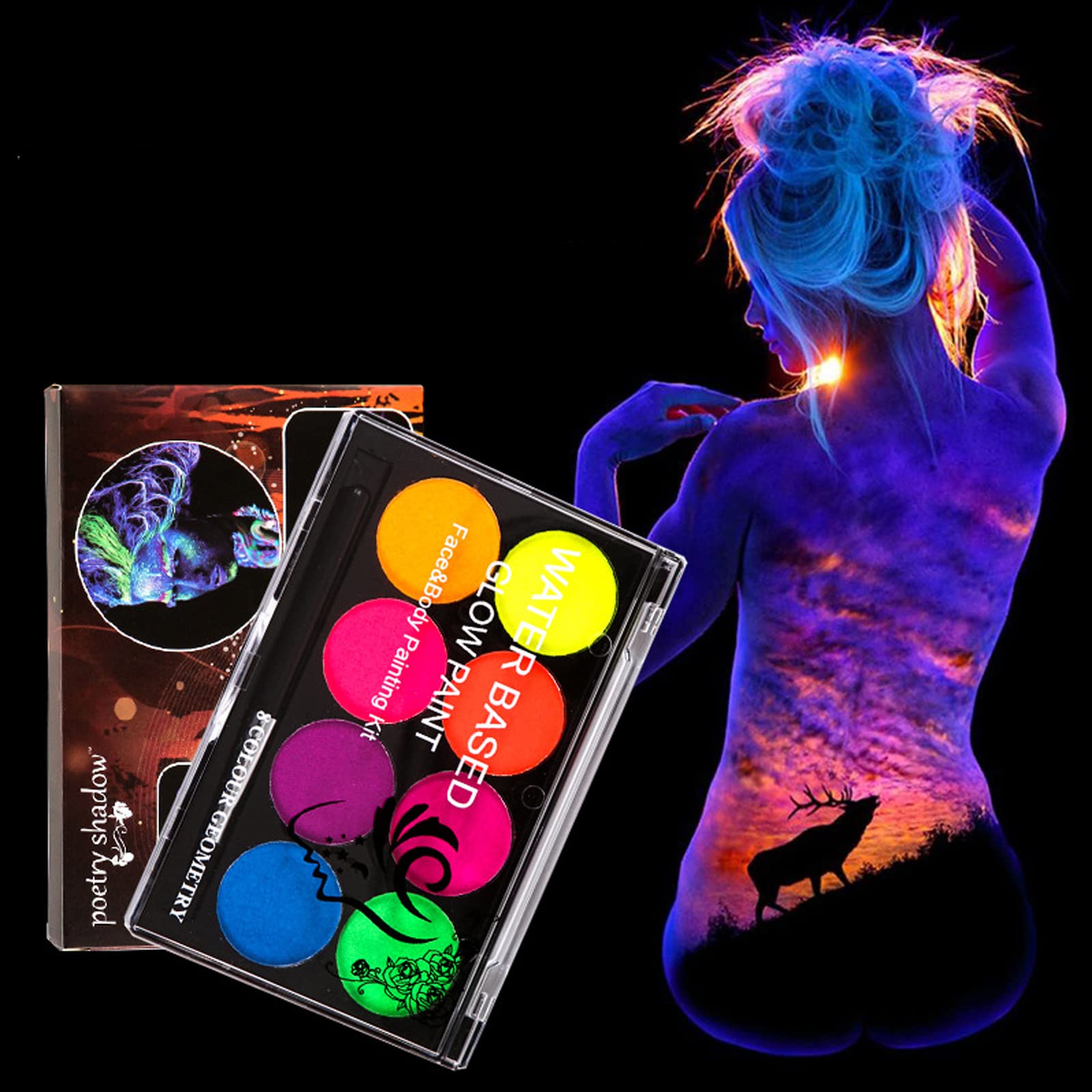 MEICOLY Neon Face Paint,UV Blacklight Glow Face Paint,8 Bright Colors Neon Fluorescent Rave Body Paint Palette,Water Activated Eyeliner,Water Based Glow In The Dark Halloween Washable for Kids Adults