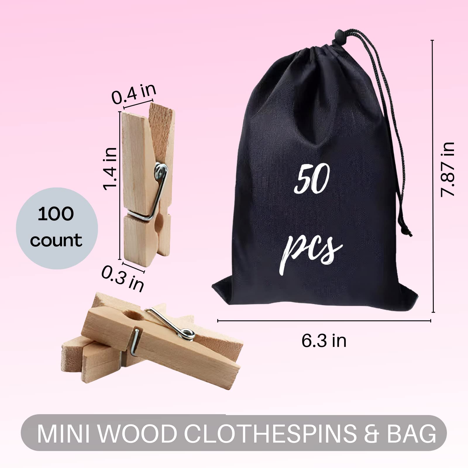 Small Clothes Pin, Mini Clothespins, 100 PCS Mini Clothes Pins Wooden with Storage Bag, Small Clothes Pins for Photos, Crafts, Hanging Clothes, Baby Shower, Display Artwork