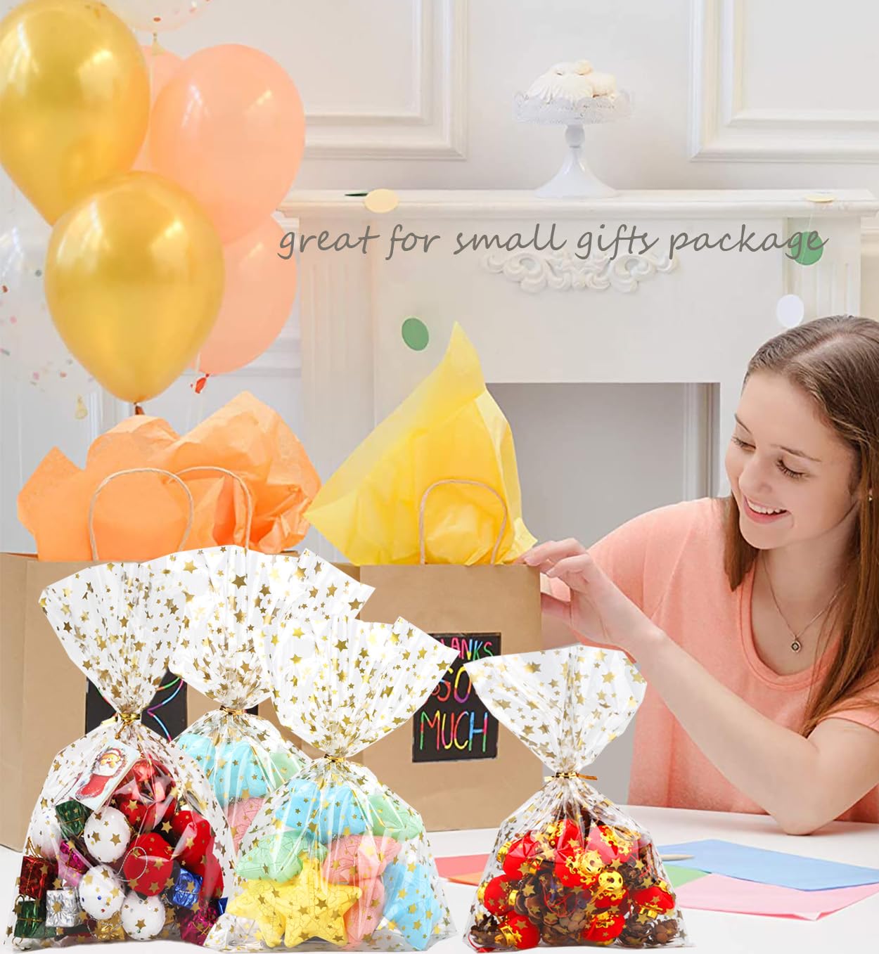 COQOFA 100 Pcs Star Printed 5"X 7" Gift Wrap Cello Cellophane Treat Bags Party Favor bags Clear Candy Cookie Bag Plastic Poly Goodie Storage Bag with Twist Ties for Bakery,Birthday, Wedding ,Party Decorations (Gold)