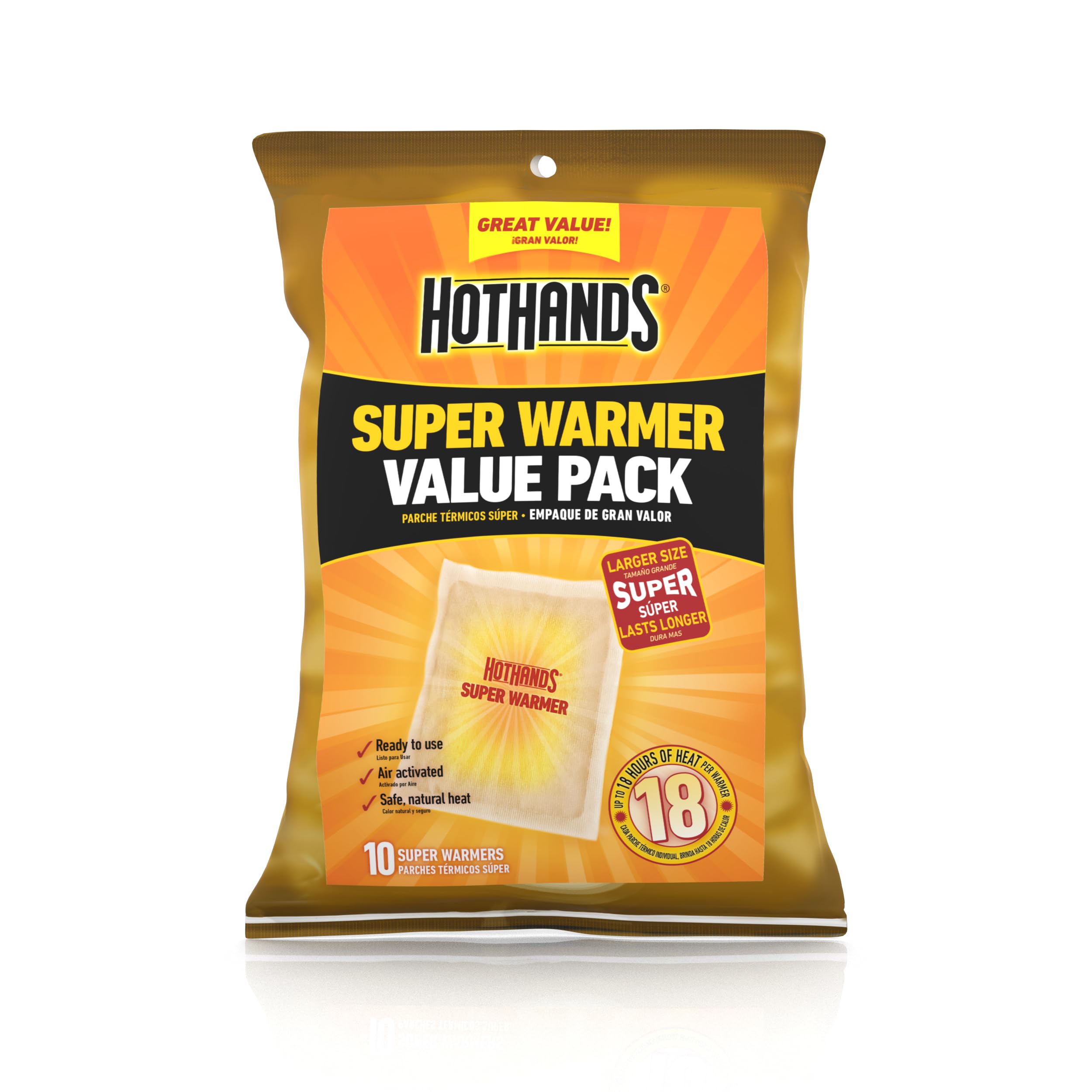HotHands Body & Hand Super Warmers - Long Lasting Natural Odorless Air Activated Warmers - Up to 18 Hours of Heat - 10 Individual Warmers