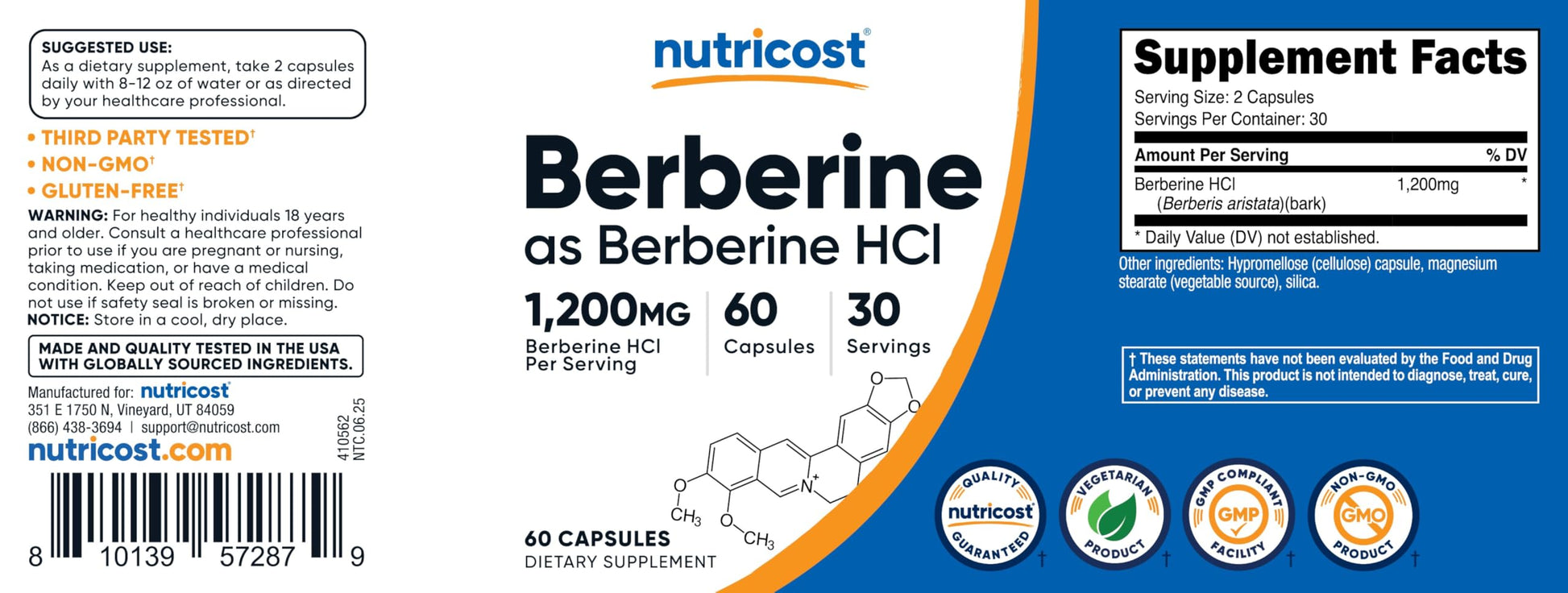 Nutricost Berberine HCl 1200mg , 60 Vegetarian Capsules - Gluten Free & Non-GMO