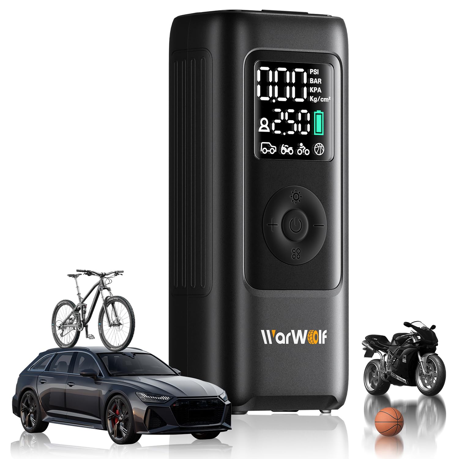 WARWOLF 160PSI Reifenfüller Tragbarer Luftkompressor – 48LPM Schnelle Luftpumpe für Autoreifen: SUV, leichter LKW, Motorrad, Fahrrad, 10000mAh mit Abschaltautomatik, digitalem Manometer, 12V Auto-Adapter, LED-Licht
