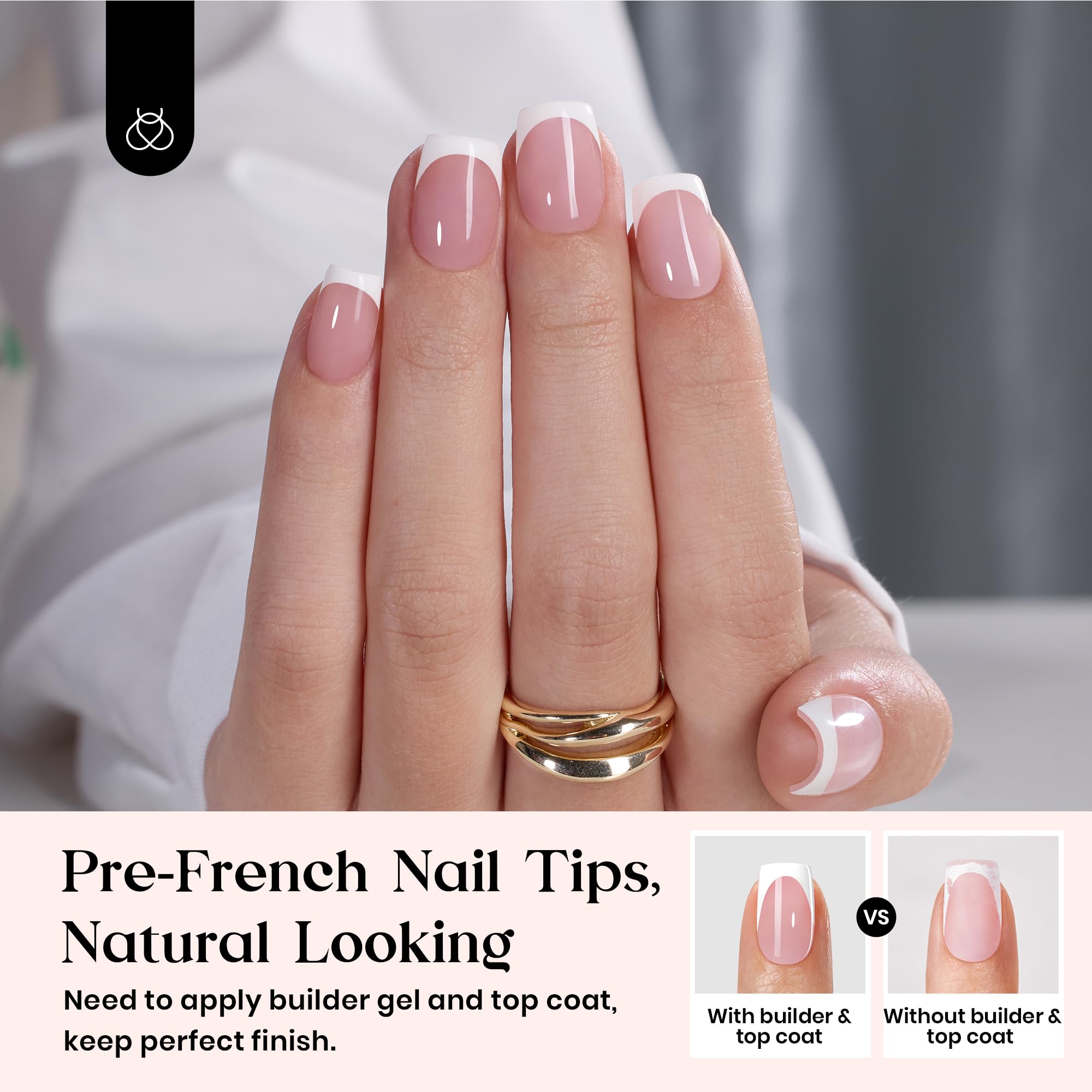 Beetles French Tip Press On Nails: 150 Pcs Pink Short Square Press On Nails 4 in 1 Nail Tips, Pre-Applied Primer & Base Coat, No File Need DIY Manicure for Nail Extension Gifts for Women
