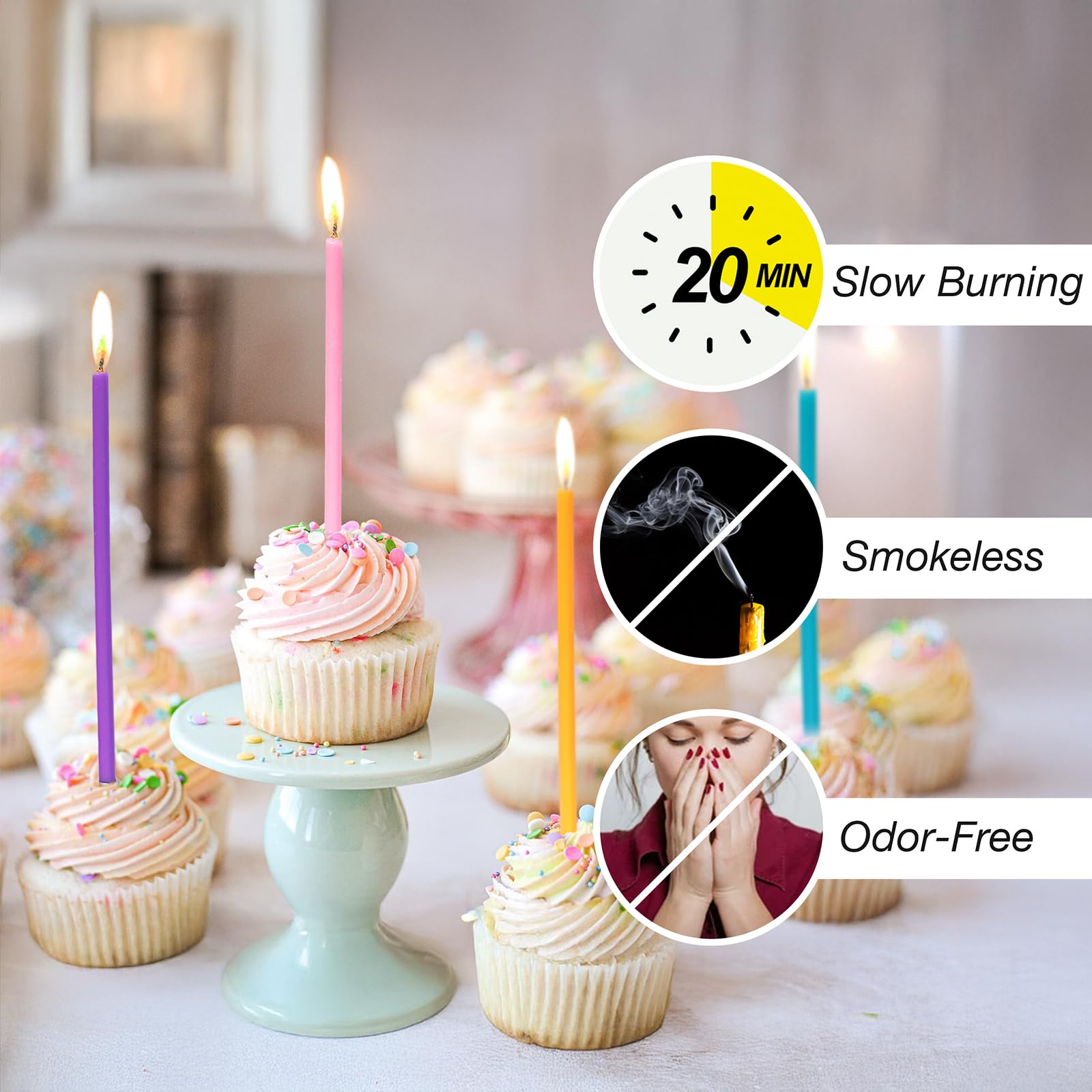 Apluselection 40-Count Rainbow Birthday Candles, Tall Thin Birthday Cake Candles Set, Rainbow Cupcake/Cake Decorations