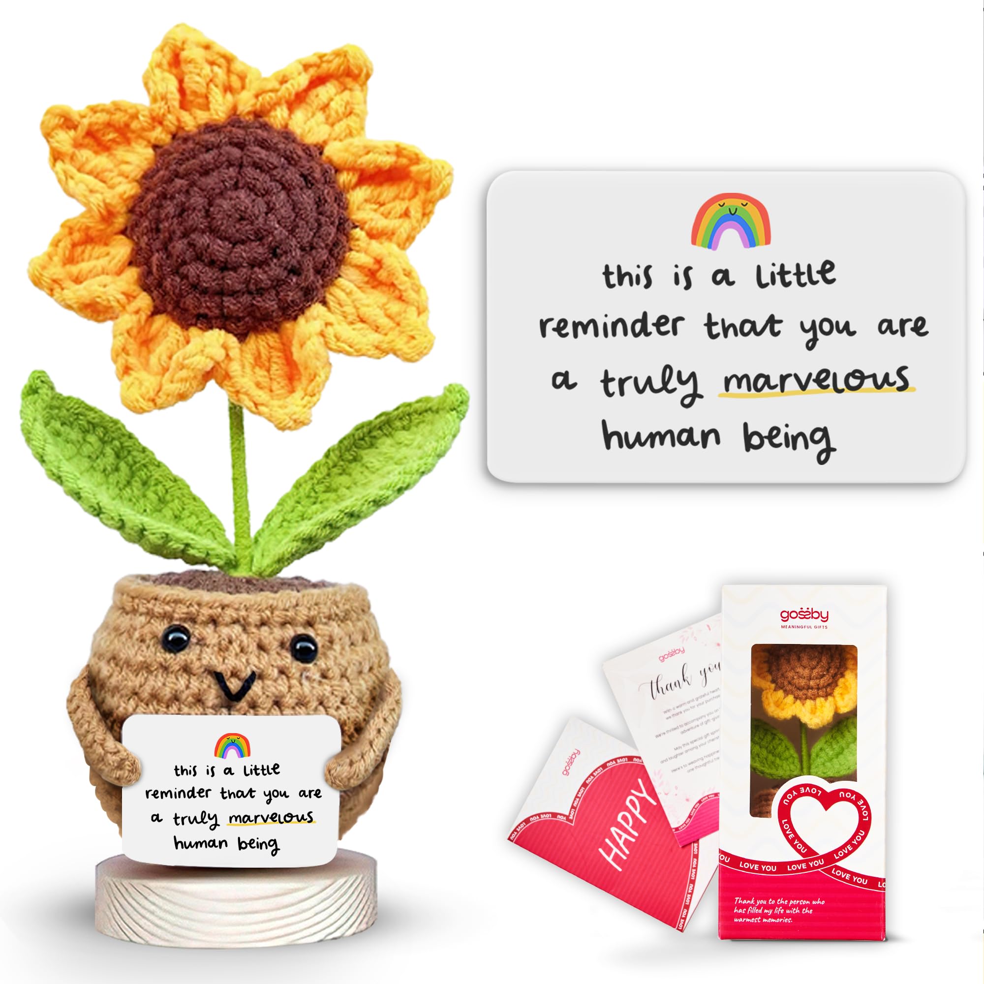 Gossby Positive Sunflower Doll Crochet with Card - This is A Little Reminder - Appreciation Gift for Coworker, Best Friend, Teacher, Sister, Mom - Christmas, Birthday, Thank You Gift for Women, Men