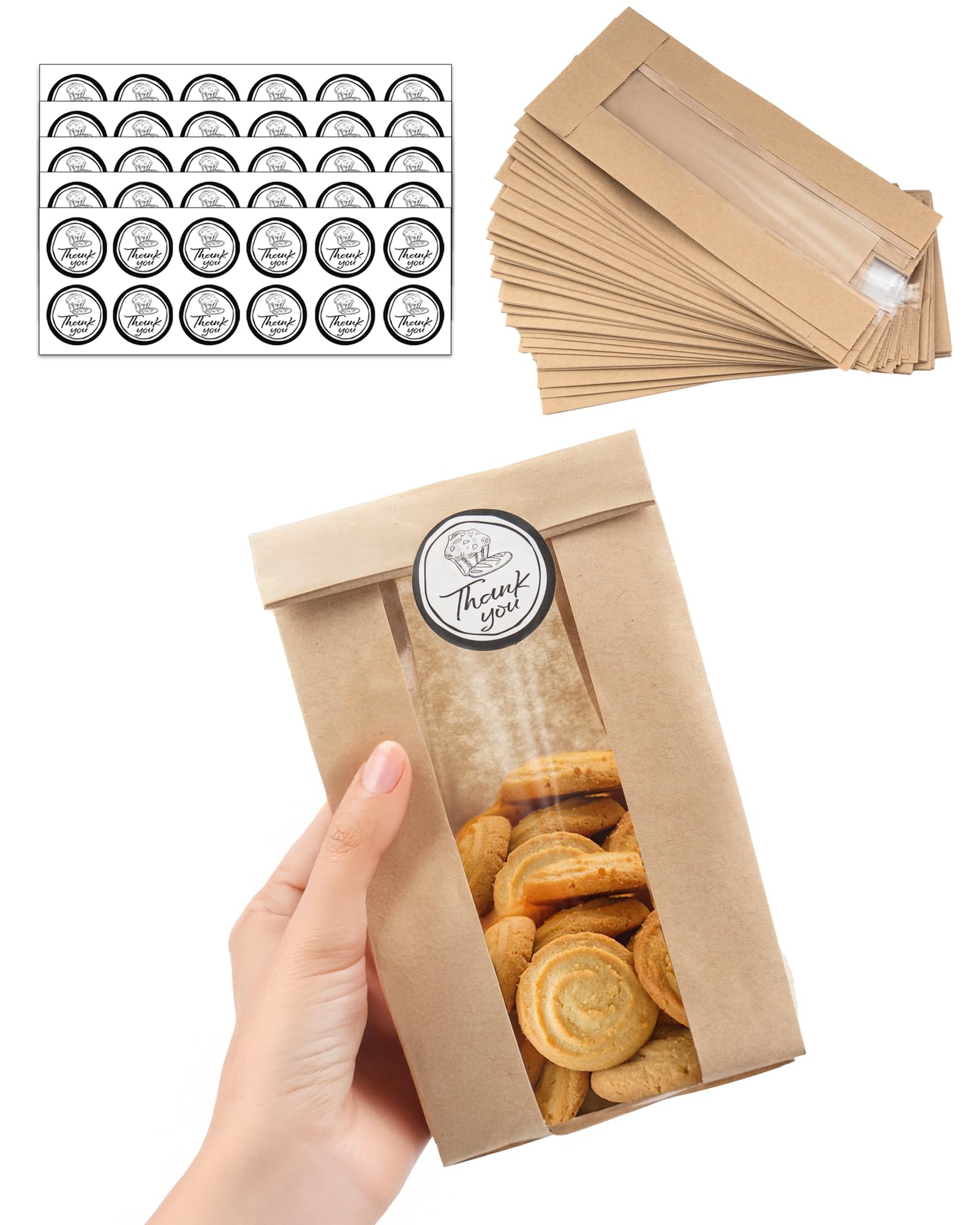 50 PCS Cookie Bags with Seal, Kraft Brown Paper Bags with Stickers, Bakery Bag for Snack, Cupcake, Coffee Bean, Party Favor, Cookie Packaging, 3.5"x 2.3"x7.5"