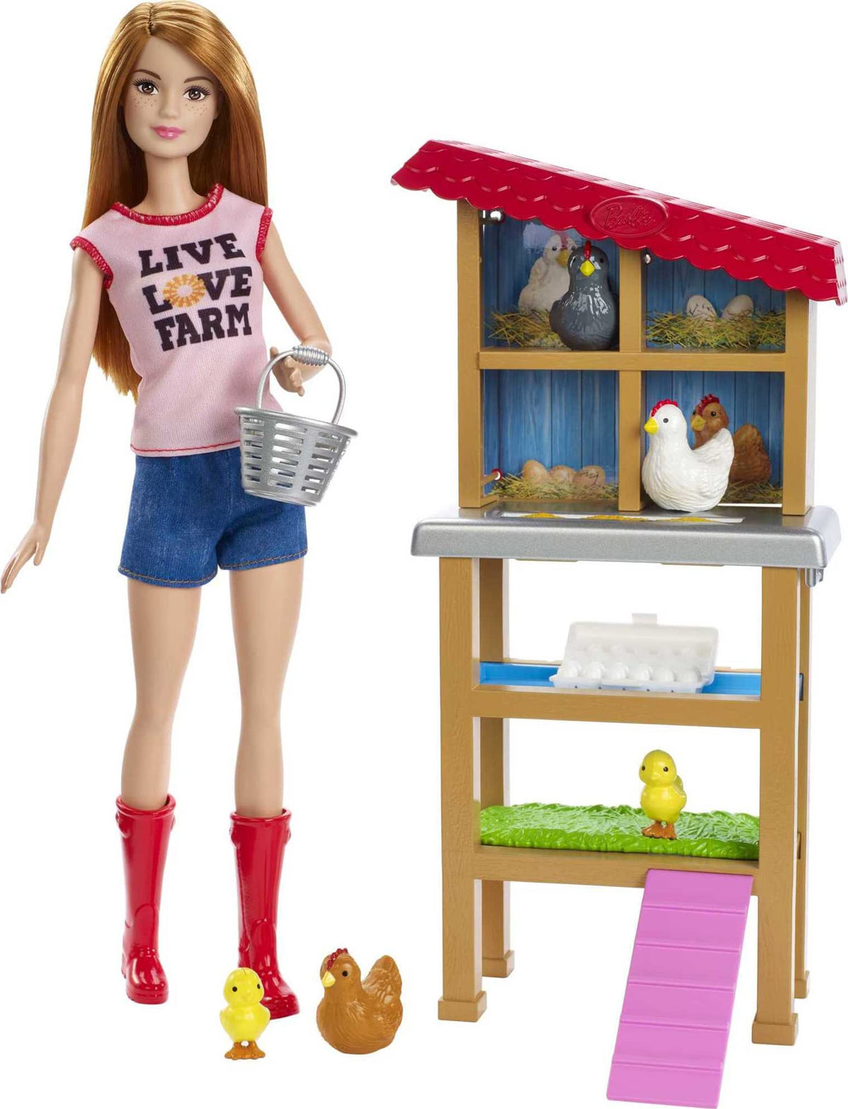 Barbie Hühnerfarm-Puppe, rothaarig, mit Hühnerstall-Spielset, 3 Hühnern, 2 Küken und mehr, Karriere-Spielzeug für 3- bis 7-Jährige (Amazon Exclusive)
