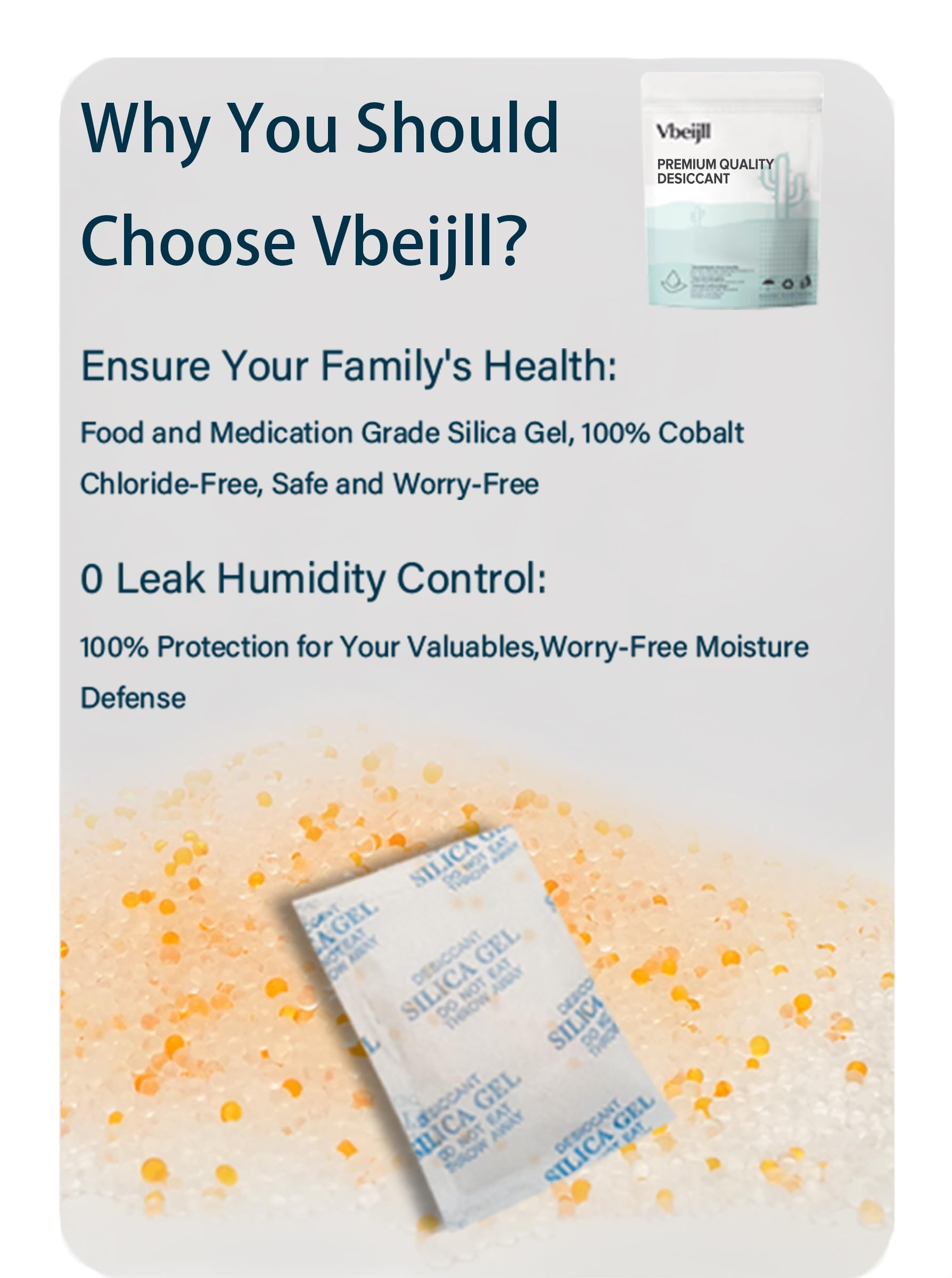 Vbeijll 5 Gram (50 Pack) Color-Indicating Silica Gel Packets, Premium Food Grade Desiccant - Rechargeable Moisture Absorbers for Food Storage, Electronics, 3D Filament & Safes