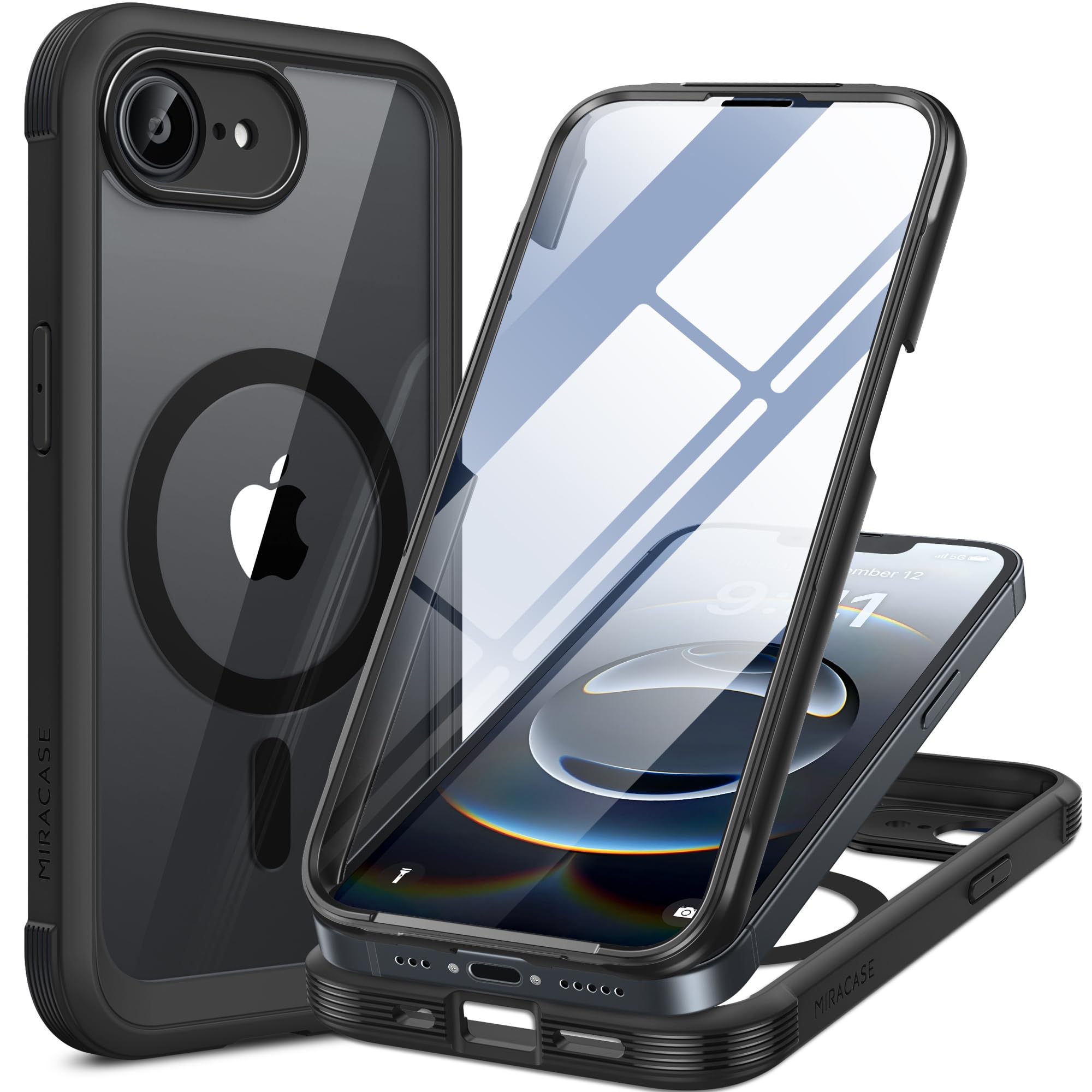 جراب Miracase المغناطيسي لهاتف iPhone 16e، جراب هاتف متكامل مع واقي شاشة زجاجي مدمج، [متوافق مع MagSafe]، مقاوم للسقوط العسكري، غطاء حماية 16 E مقاس 6.1 بوصة، أسود