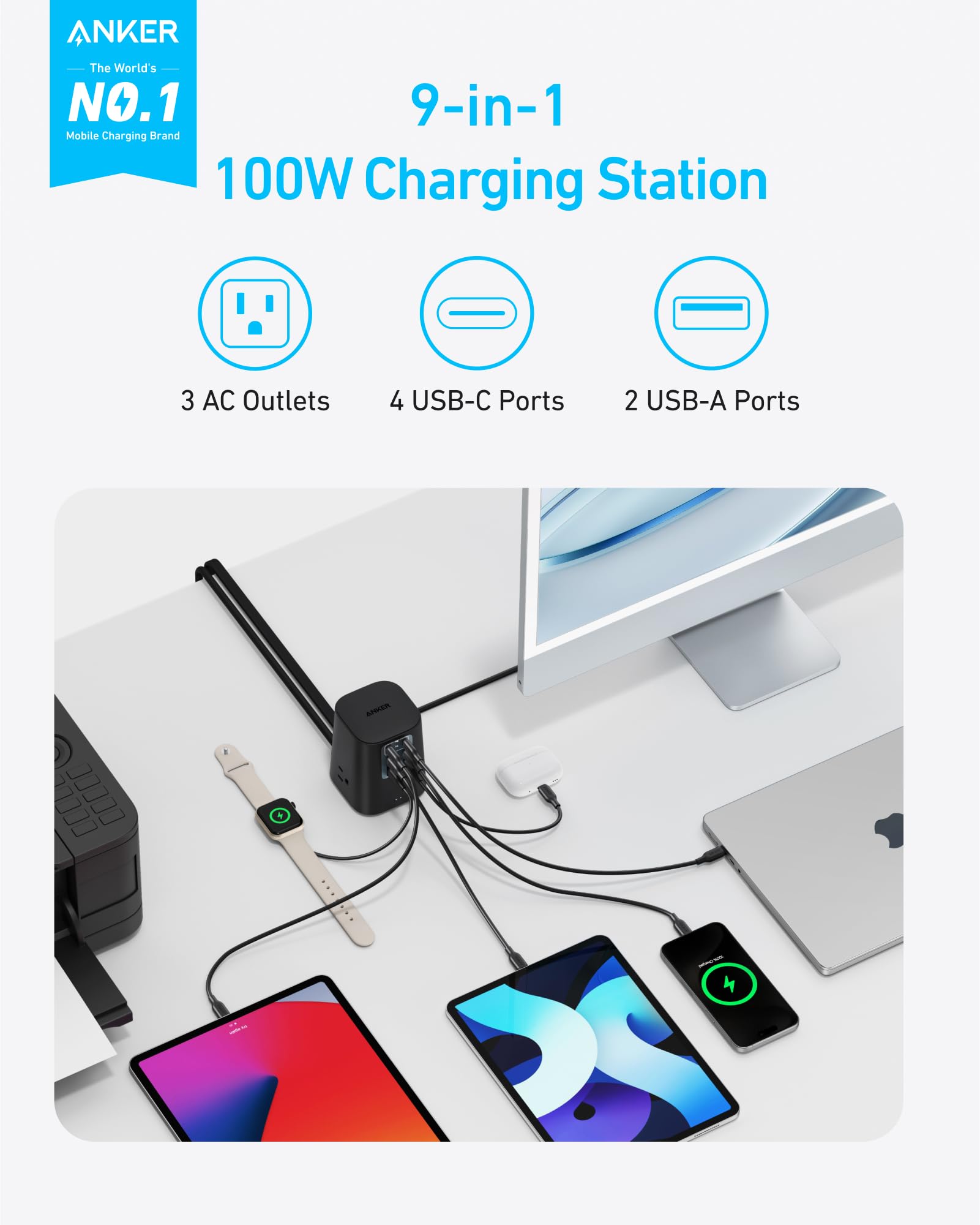 Anker Charging Station (100W), 9-in-1 USB-C Power Strip with 300J Surge Protection, for iPhone 16 & MacBook, 5 ft Flat Cable and Plug, 4 USB-C and 2 USB-A Ports, 3 AC Outlets, for Home, Office