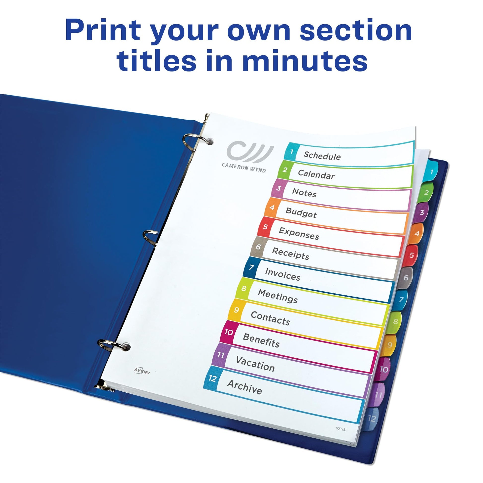 Avery 12 Tab Dividers for 3 Ring Binder, Multicolor Tab Dividers, Customizable Table of Contents, 1 Set (11843)