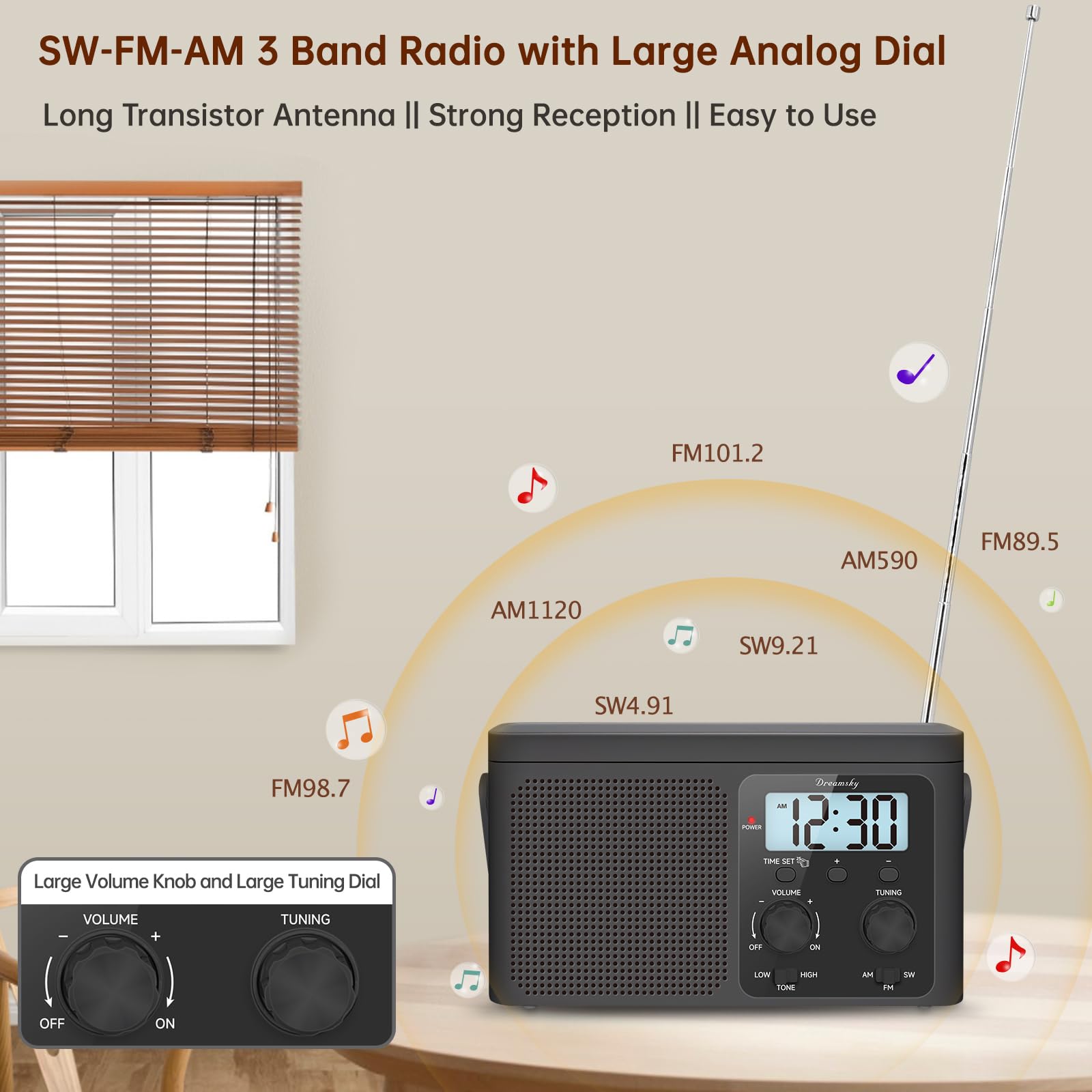 DreamSky AM FM Radio Portable - Shortwave Radio Battery Powered or Plug in Wall for Home Outdoor, Strong Reception, Large Dial Easy to Use, Digital Time Display, Transistor Antenna, Seniors Small Gfit