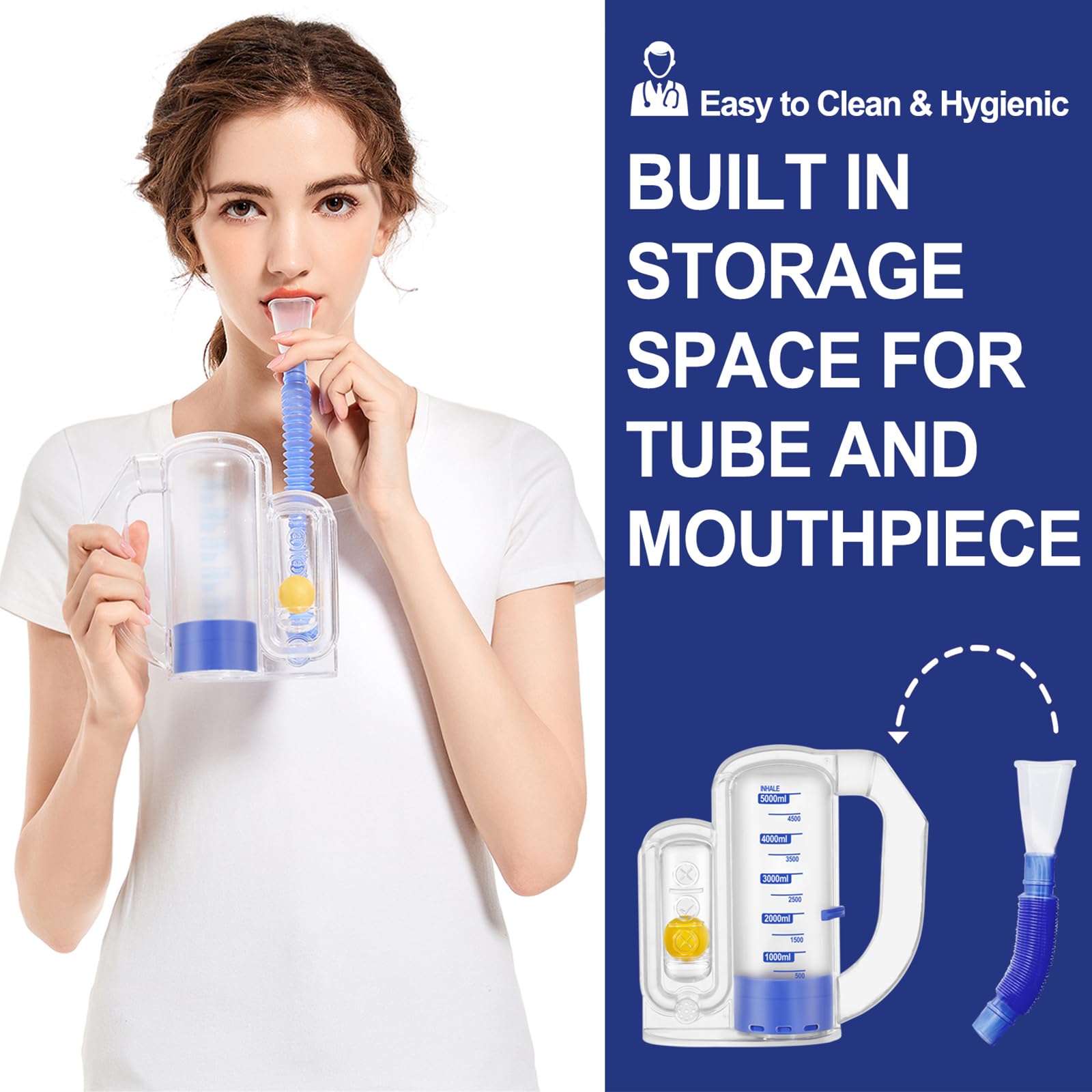 Incentive Spirometer Adult, Breathing Exercise Device for Lungs, Deep Breathing Trainer for Adults - 5000ml Volume Measurement with Flow Rate Indicator
