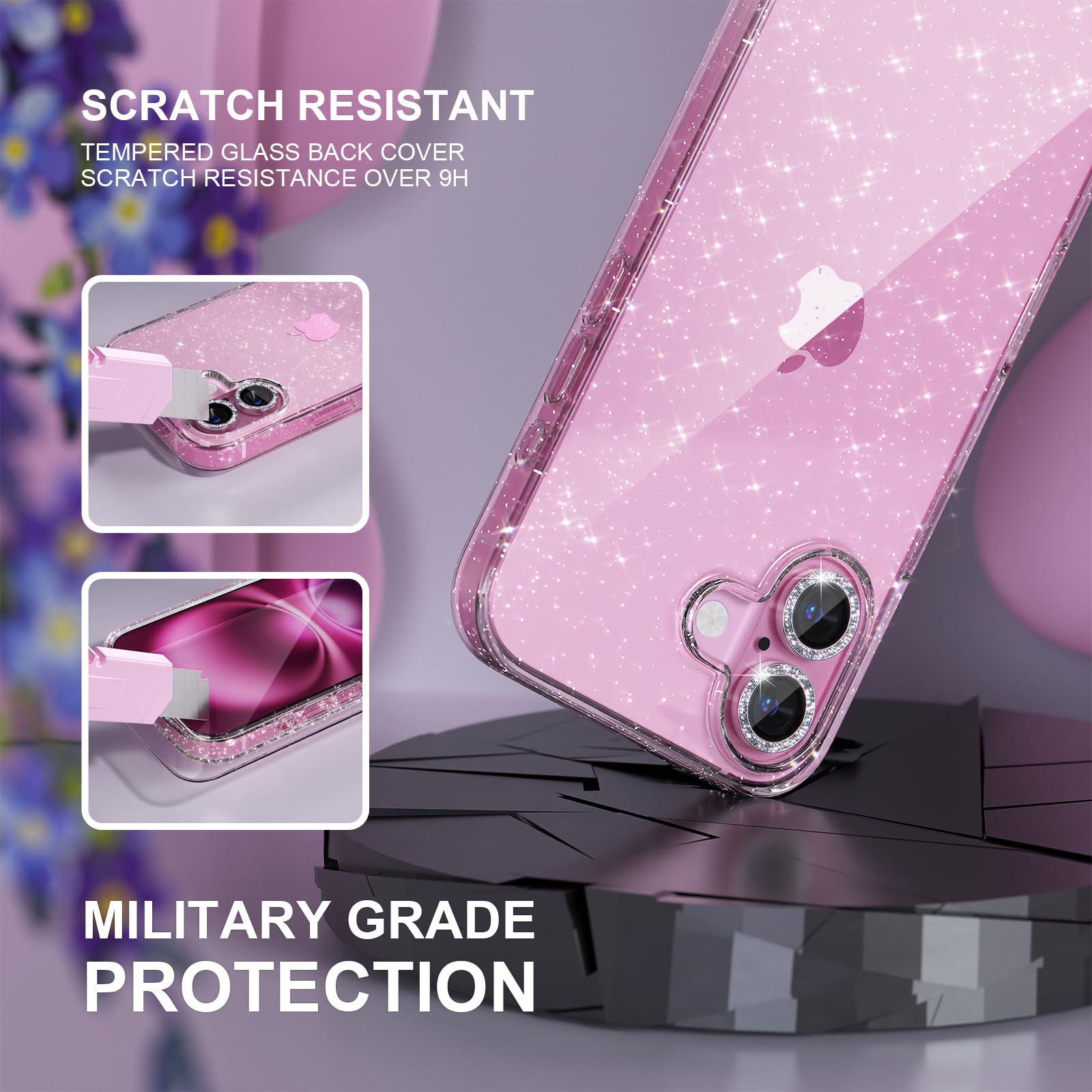 Choiche Compatible for iPhone 16 Plus Case Women Phone Case, Cute Bling Sparkly, Military Grade Drop Protection, 2 Diamond Camera Lens Covers, 2 Tempered Glass Protectors, 6.7 inch (Glitter Clear)