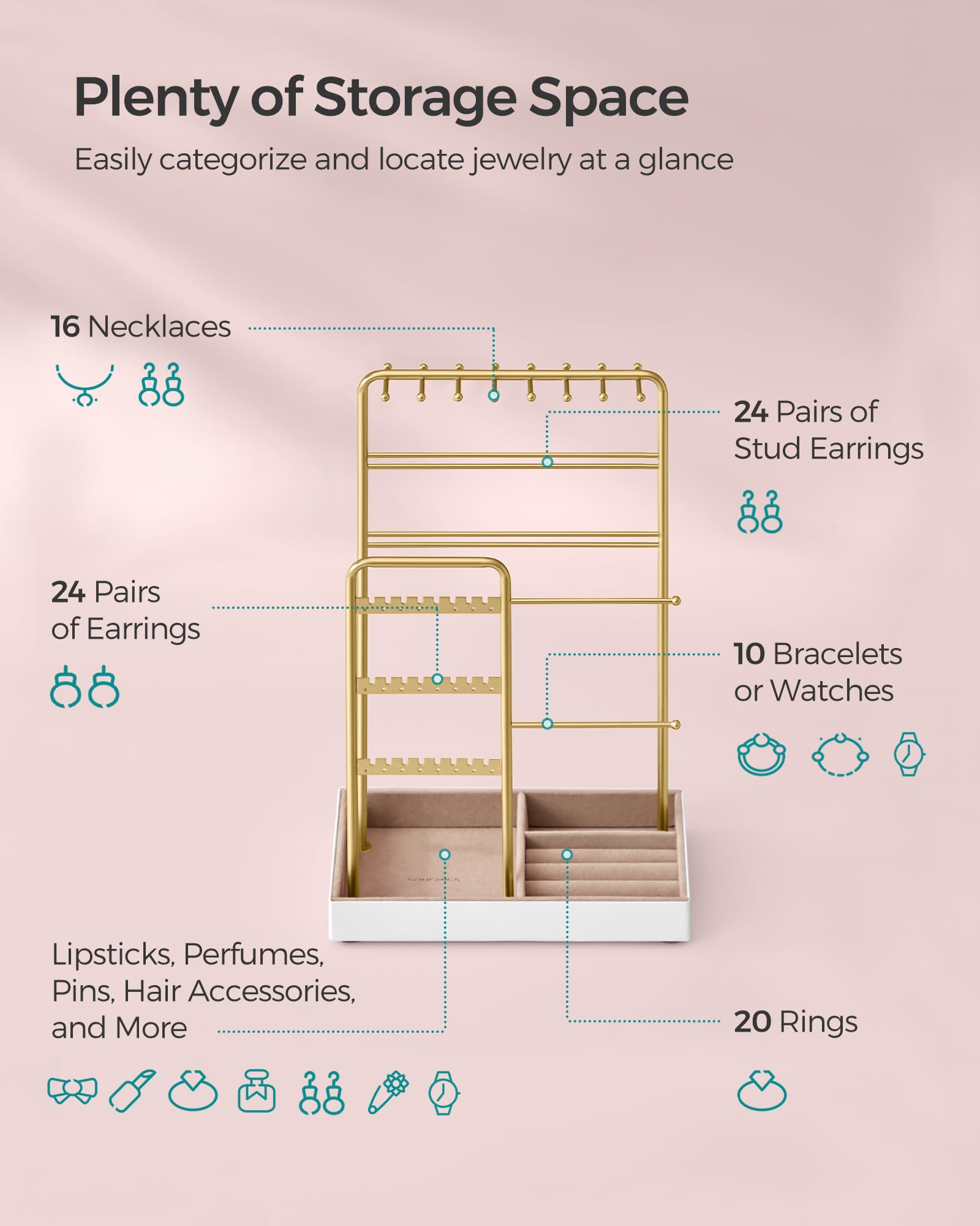 SONGMICS Jewelry Holder, Jewelry Organizer, Jewelry Display Stand with Metal Frame, Velvet Tray, Necklace Earring Bracelet Holder, for Studs, Rings, Gift Idea, Pale Gold UJJS021A01