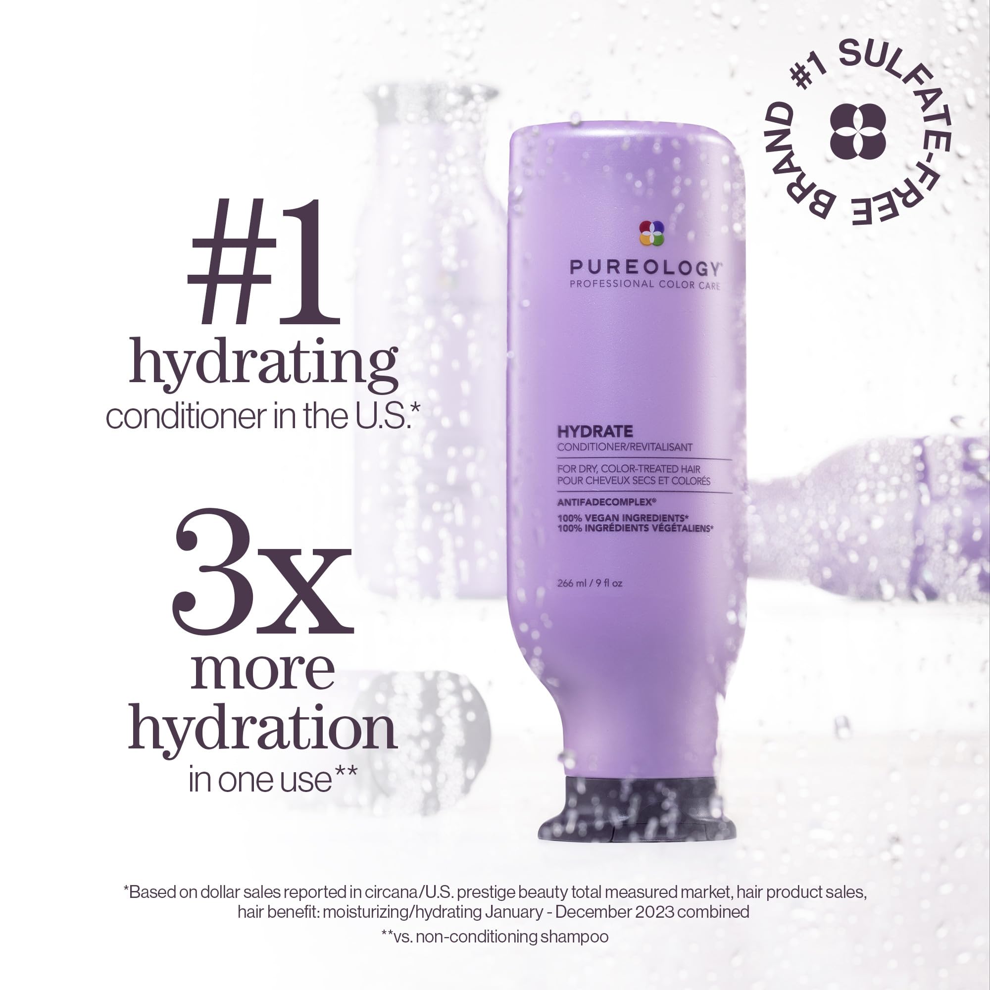 Pureology Hydrate Conditioner - For Dry or Color-Treated Hair, Restores Moisture & Softness, Seals In Hydration, Color-Safe, Vegan, 9 Fl Oz