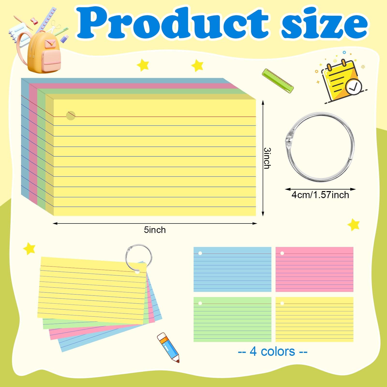 YAGUAO Colored Index Cards 3x5 Inch Flash Cards with Ring Lined Flashcards Note Cards for Studying School Supplies College, 200 Count