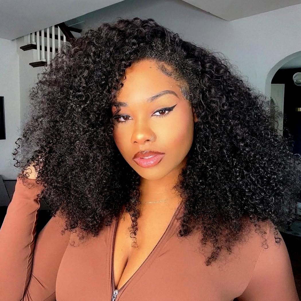 Kinky Curly Half Wig Human Hair 200 Density 3 In 1 Seamless Flip Over Half Wigs Human Hair Glueless Wear and Go Beginner Friendly Kinky Curly Wig Human Hair Drawstring Headband Wig for Women 20 Inch