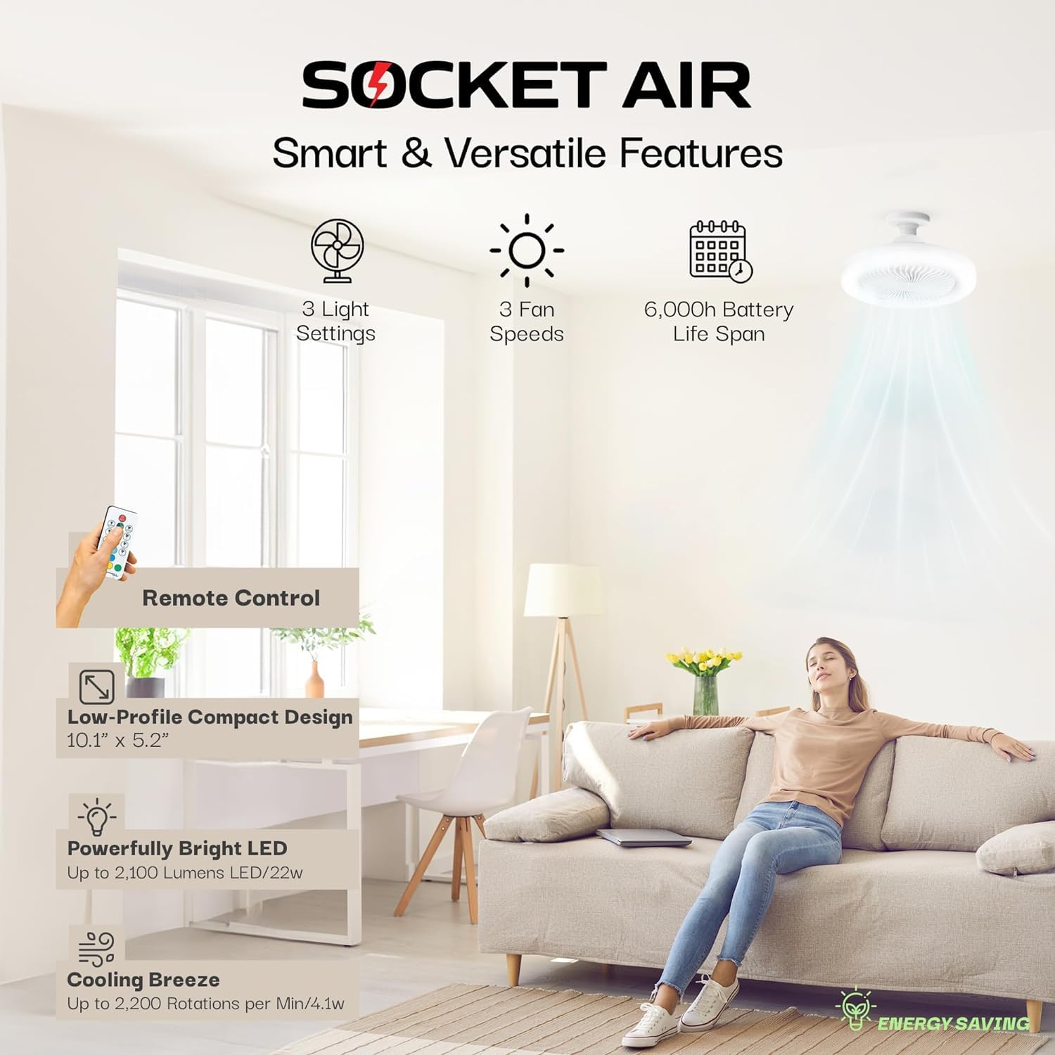 Bell+Howell SocketAir Wireless Ceiling Fan Light with Remote Control, Extender,110-120 Volt, 2100 Lumens, 3 Fan Speeds, 3 Light Settings, 6500K for Living, Dining, Working Space ASON TV