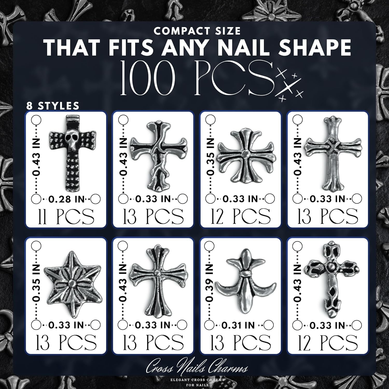100 Pcs Silver Cross Nail Charms and Gems – 3D Acrylic Cross Charms for Nails for DIY & Professional Manicure – Easy-to-Apply & Durable Nail Decorations, Versatile for Y2K & Nail Studs