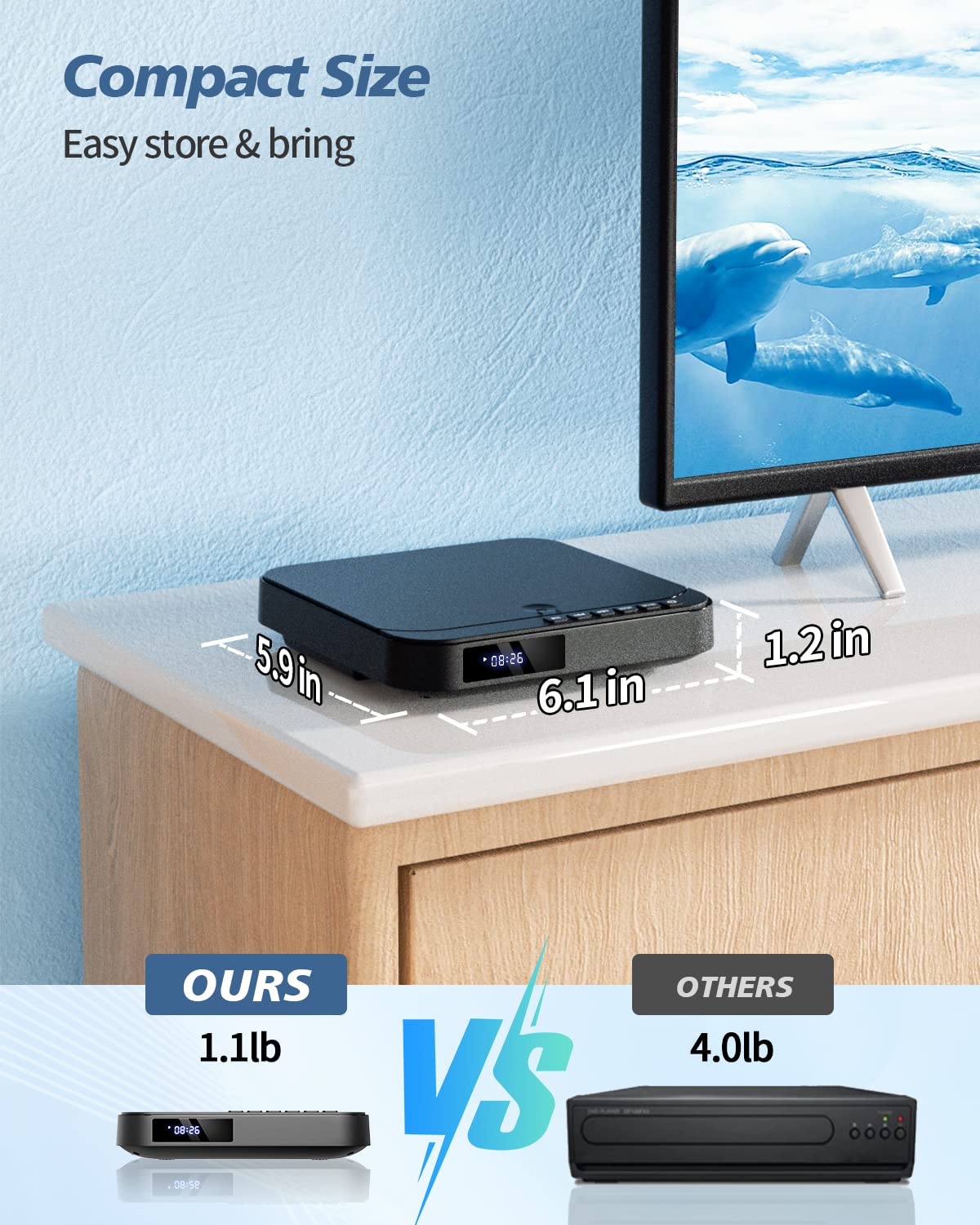 Mini DVD Player HDMI, DESOBRY 1080P HD Small Compact DVD Player for Smart TV with All Region Free, DVD CD Player with AV Output, USB/TF Card Input, Remote Control, Support PAL/NTSC