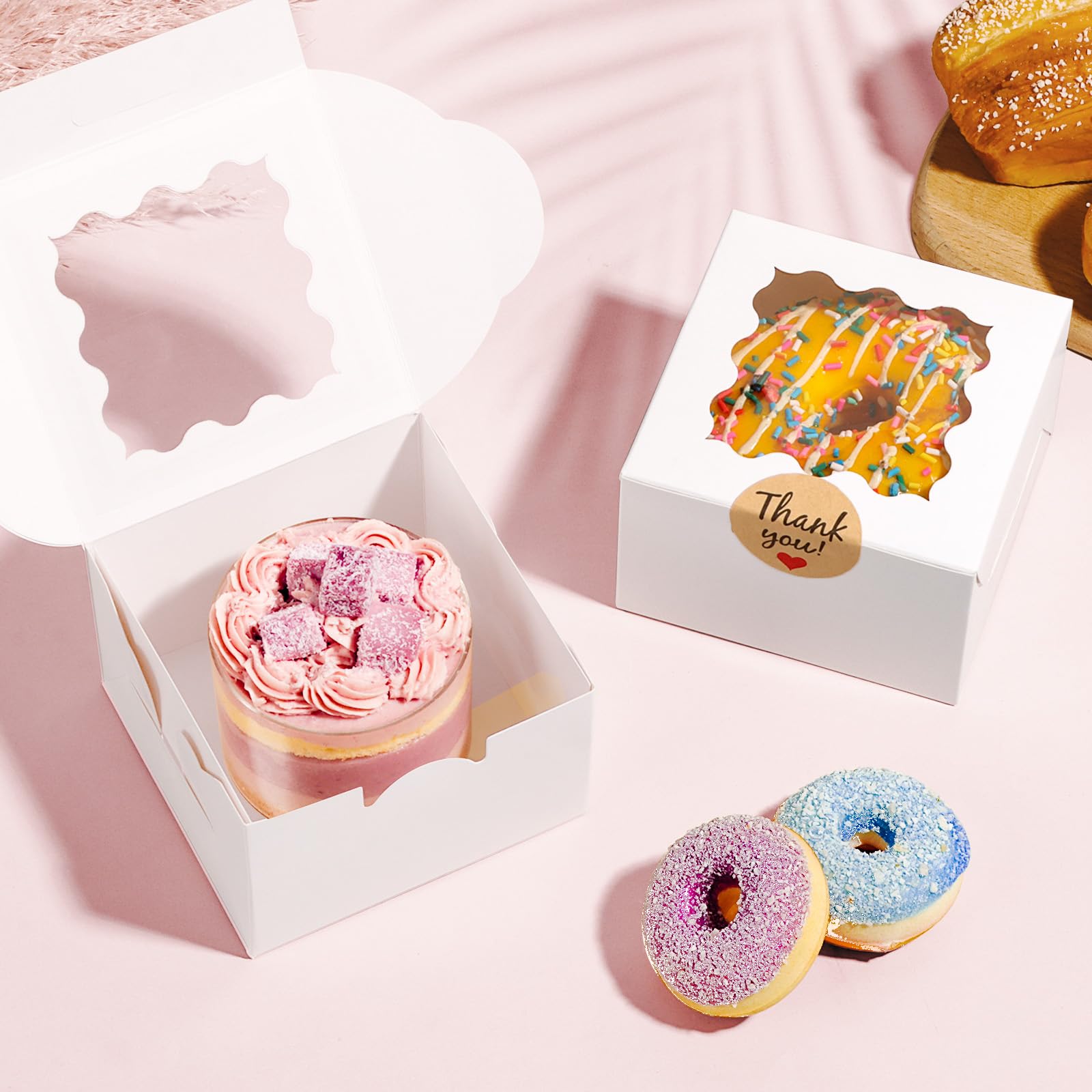 ZYFOTZUN 26pcs White Cookie Boxes with Window, 4x4x2.5 Inches Small Bakery Boxes with 36pcs Stickers, for Mini Cake Cookies Treat Dessert Pastry Donuts Macaroon Strawberries Chocolate Cupcakes Candy