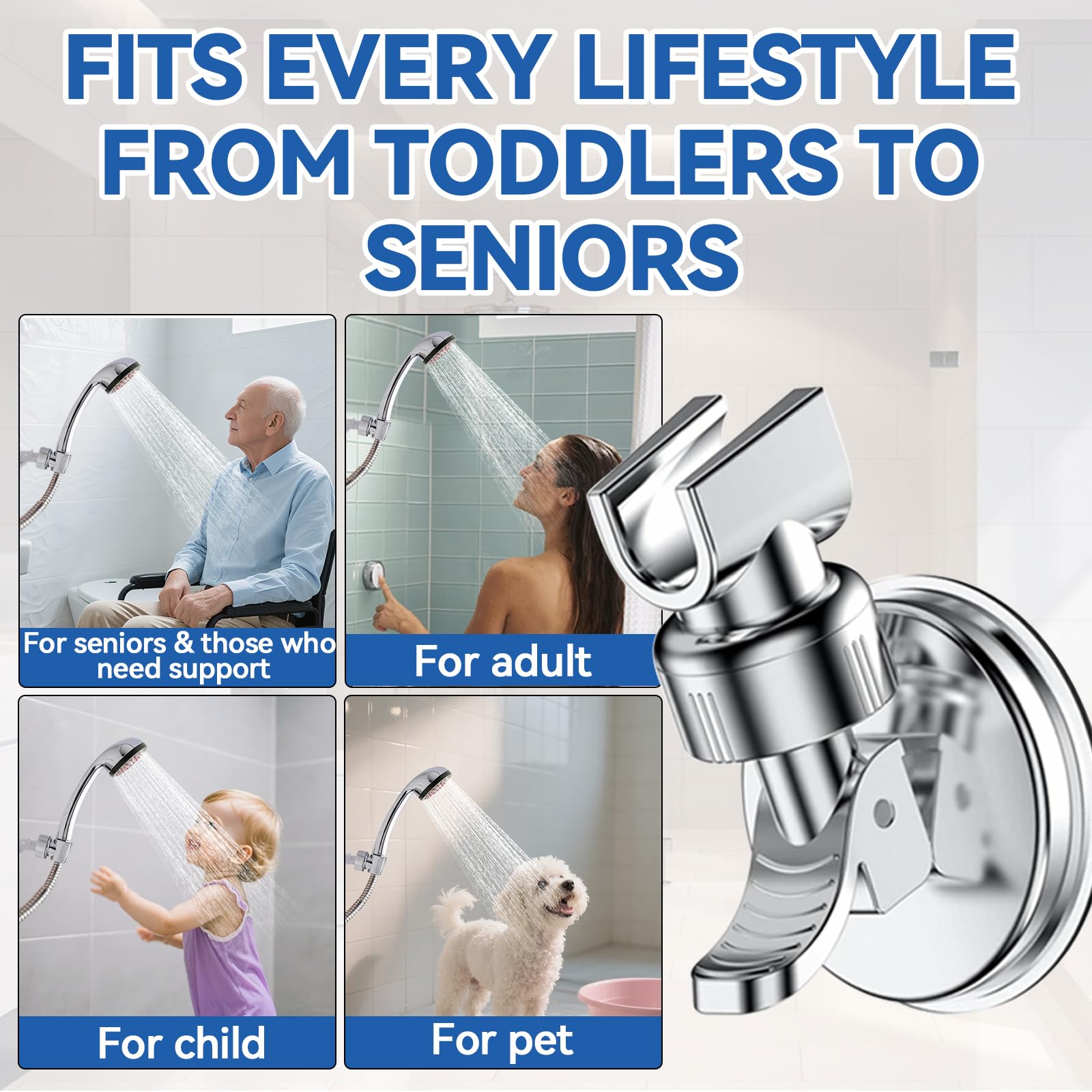 PROZADAHAO Adjustable Shower Head Holder, Bathroom Suction Cup Handheld Shower Head Bracket, Removable Wall Mounted Suction Bracket (Silver-1)