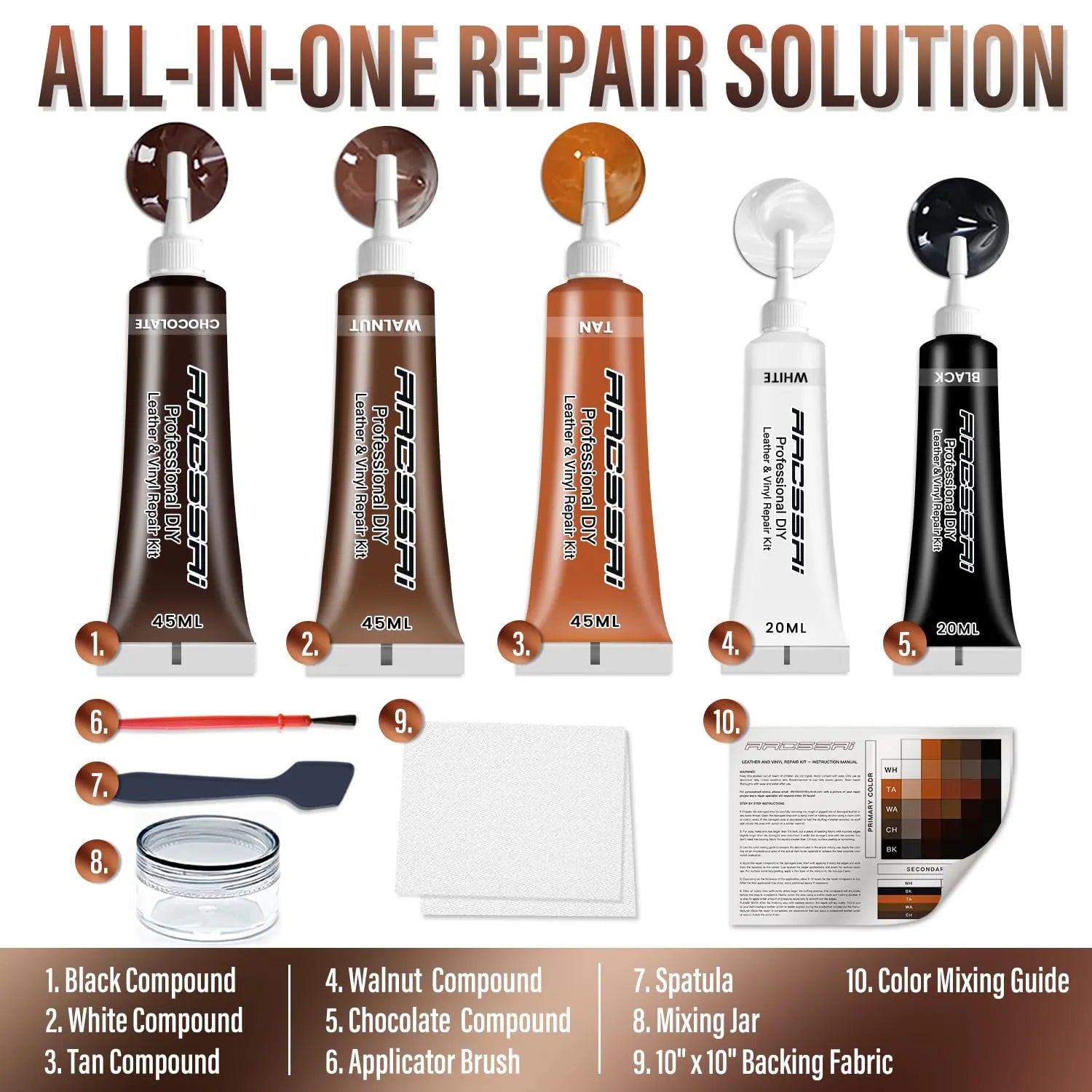 ARCSSAI ARCSSAL Brown Leather Repair Kit for Furniture, Leather Couch Repair Kit for Sofa, Jacket, Car Seats and Purse with Super Easy Instructions, Restores Any Material, Bonded, Pleather, Genuine