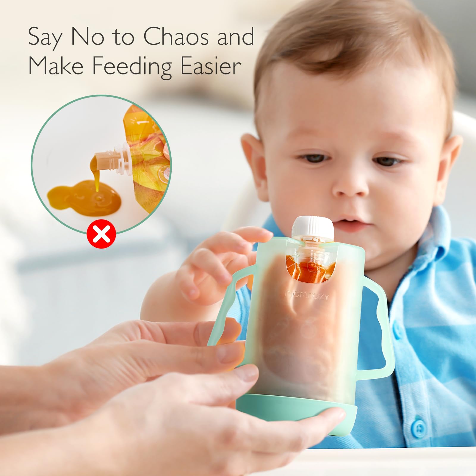 Momcozy Squeeze Pouch Holder for Food Pouches and Drink Boxes, Baby Pouch Holder Allows Baby to Self-Feed and Avoid Messes, Baby Food Pouch Holder Handle is Easy to Grip, Comfortable, Green