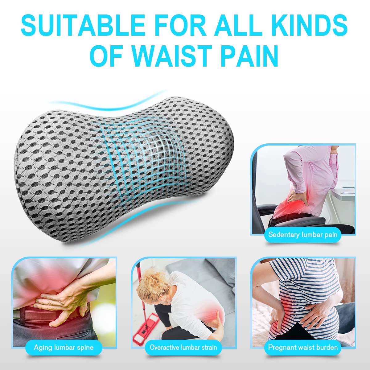Lumbar Support Pillow for Office Chair, Memory Foam Lumbar Pillow for Lower Back Pain Relief - Black (Upgrade Gray)