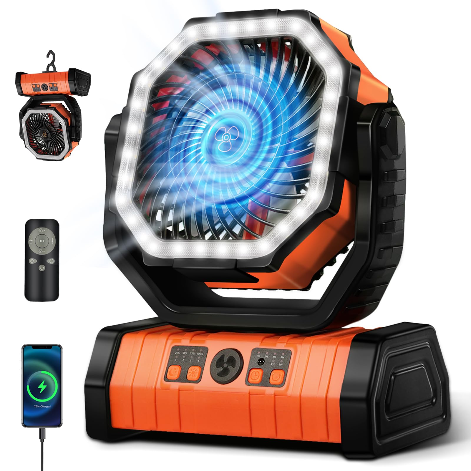 YOGIN Rechargeable Battery Powered Fan, 20000mAh Portable Camping Fan with 360 degrees Adjustable Head, 4 Speeds & LED Light, Quiet Outdoor Fan for Tent, Desk, Travel, Home Use