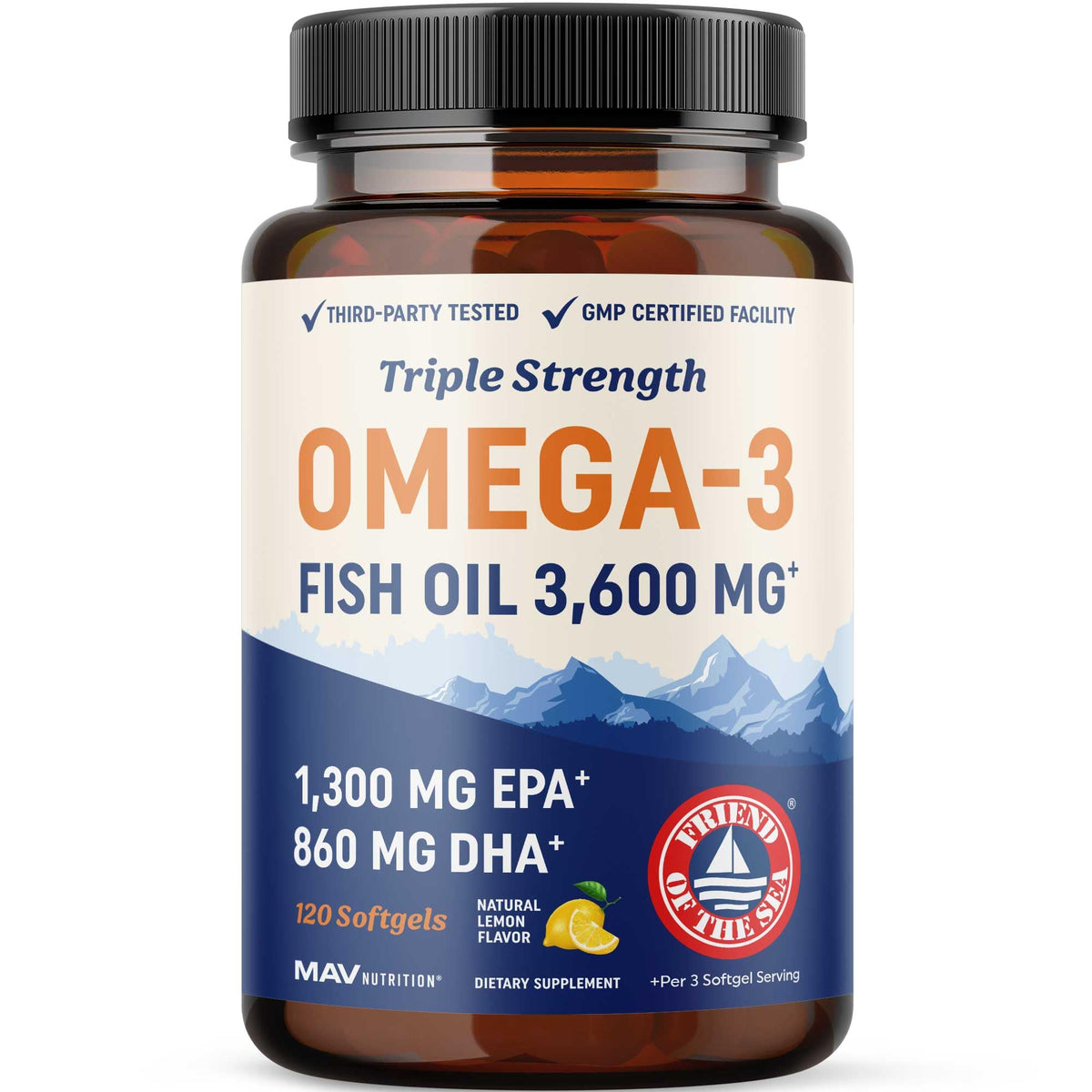 Dreifach starke Omega-3 Fischöl | 3600 mg EPA & DHA | Über 2100 mg Omega-3 Fettsäuren | 1300 mg EPA + 860 mg DHA | Beste essentielle Fettsäuren | Premium geruchlose Weichkapsel-Nahrungsergänzungsmittel (120 Stk.)