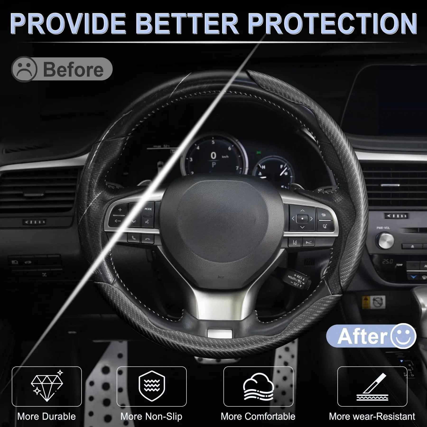 Amiss 3pcs Carbon Fiber Anti-Skid Steering Wheel Cover, Segmented & Butterfly Design, Universal 99% Car Wheel Cover Protector, Black