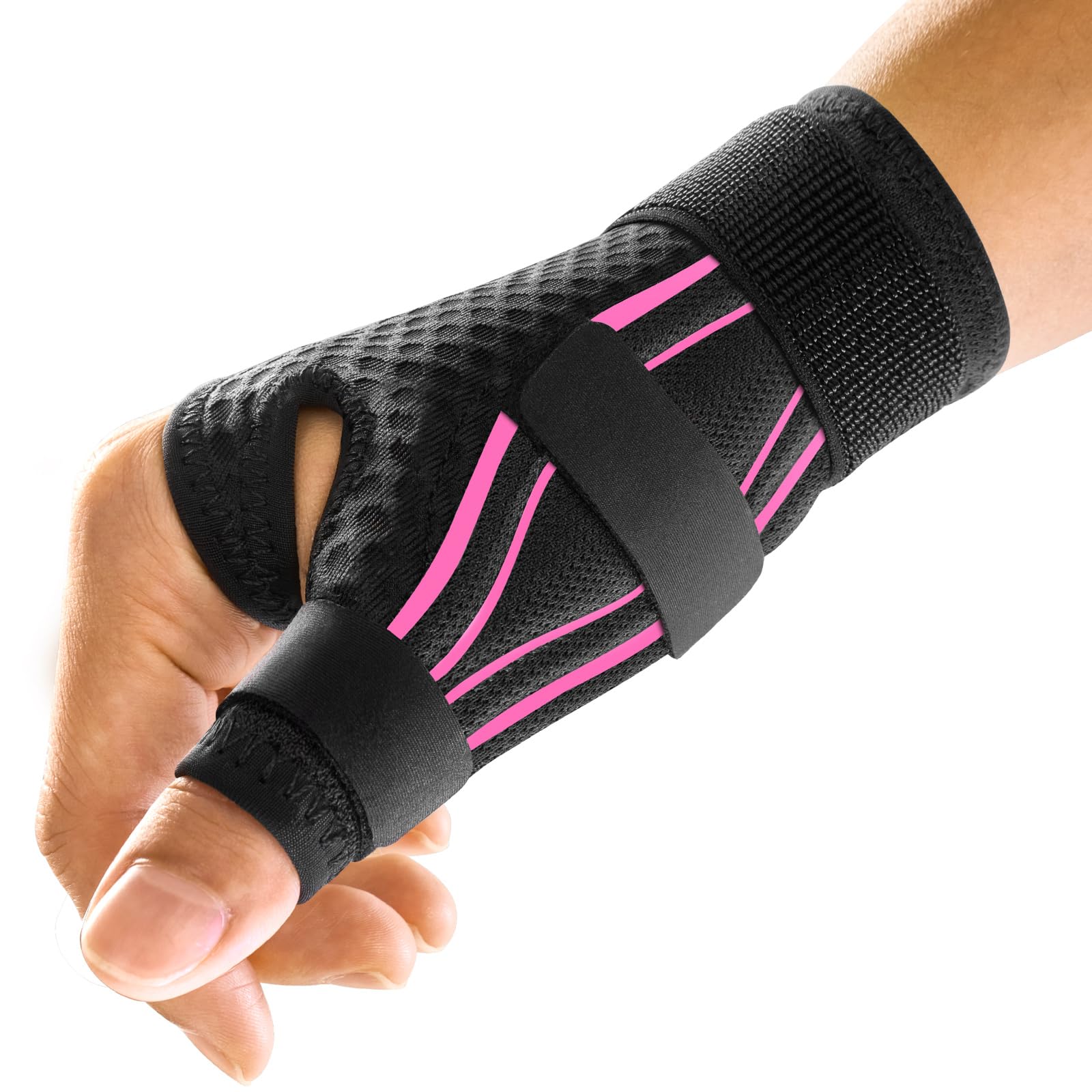 FREETOO Ergonomische Daumenbandage, rechte oder linke Hand, bei Arthritis-Schmerzen und zur Unterstützung, Daumenschiene für schnellenden Daumen, Daumenstütze bei De-Quervain-Tenosynovitis, CMC-Schmerzlinderung (S/M Rosa/Schwarz)