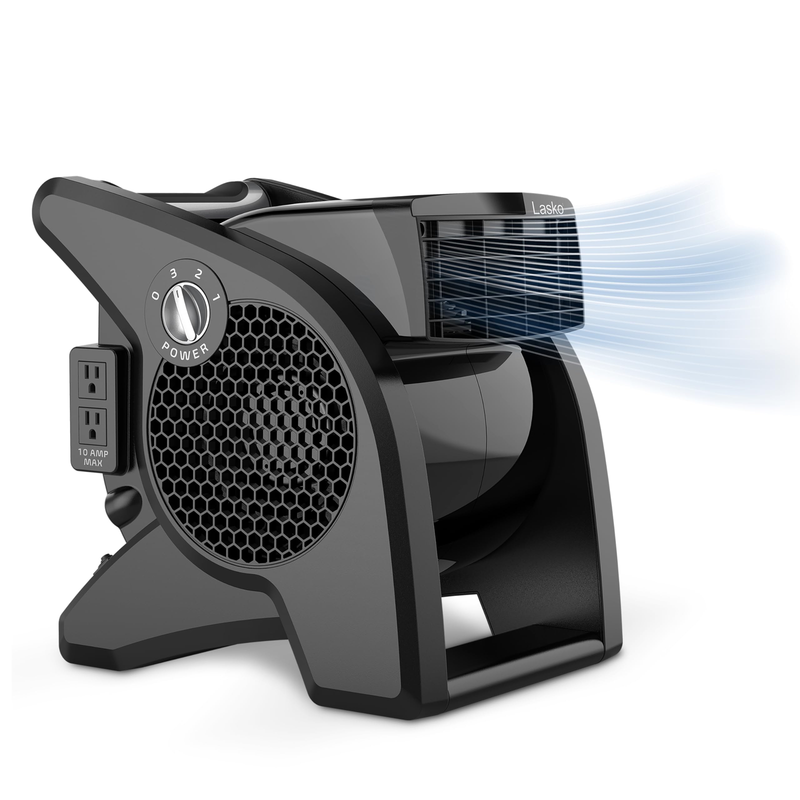 Lasko High Velocity Fan, 15", 375 CFM, Professional Utility Pivoting Blower Fan with 3 Speeds, 2 Accessory Outlets, 120V, Black, Model U15617