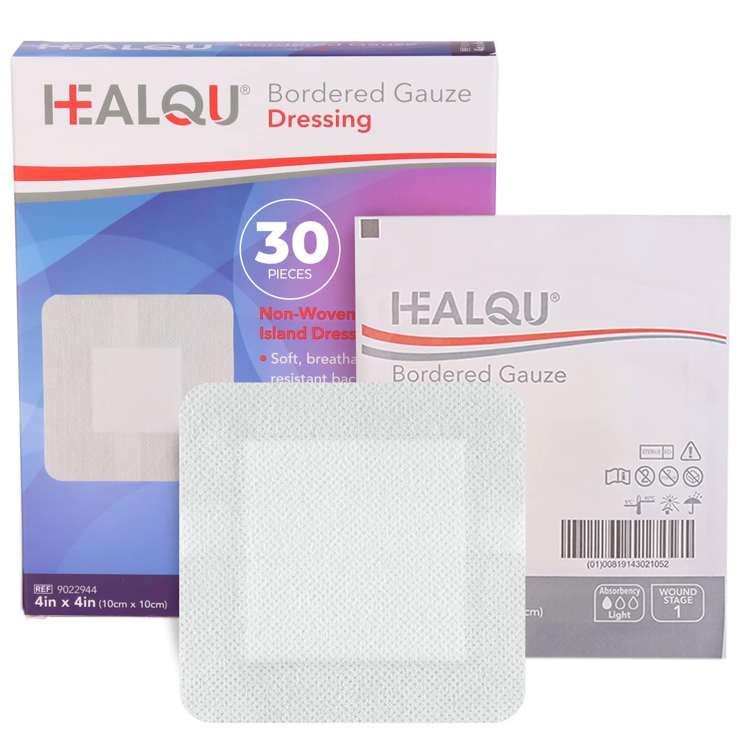 HEALQU Island Dressing - 4"x4", 30 Count - Bordered Gauze Sterile Individually Wrapped Gauze Pads, Water-Resistant, Non-Woven Backing - Soft and Breathable Wound Dressing for First Aid and Medical