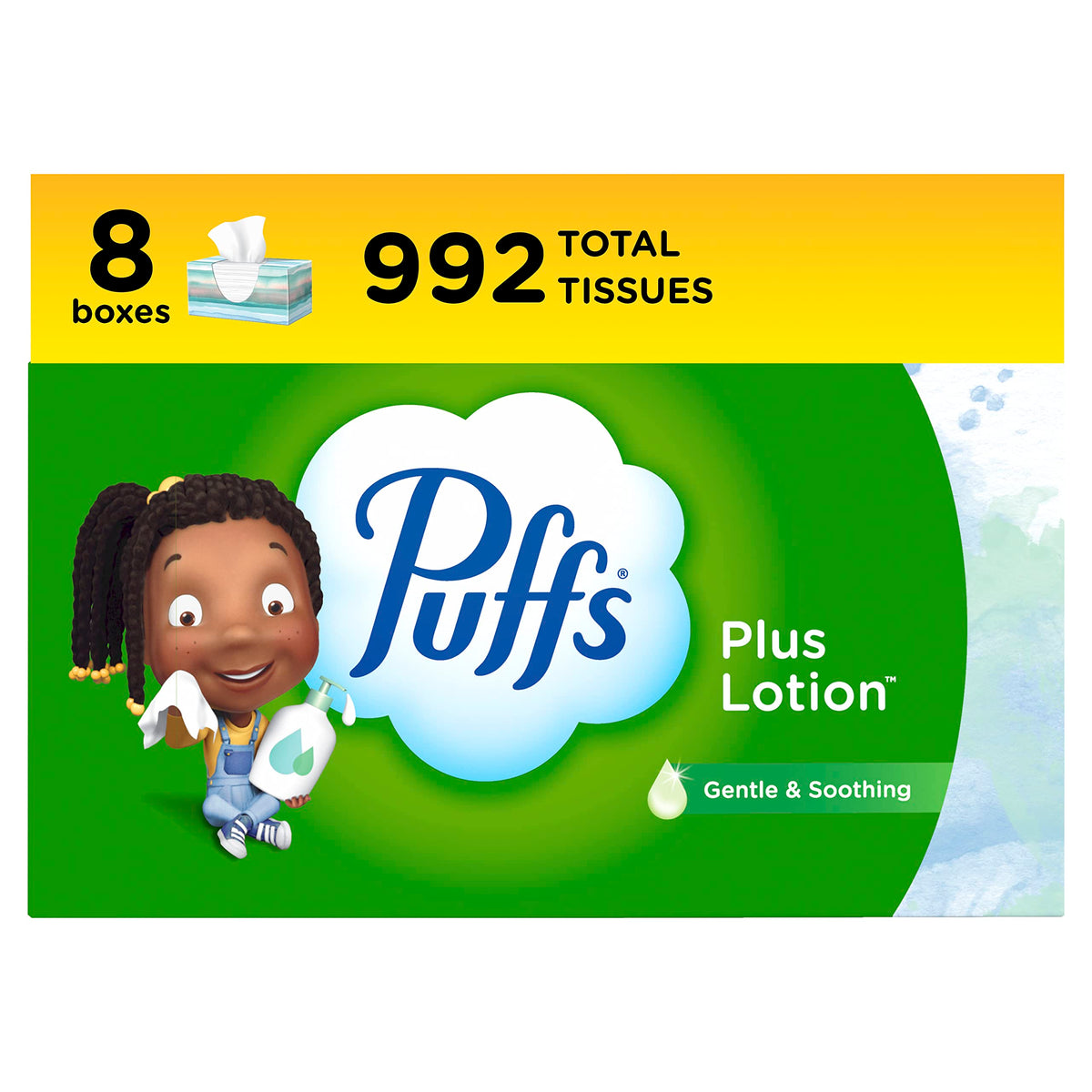 Puffs Plus Lotion Kosmetiktücher, 8 Familienboxen, 124 Kosmetiktücher pro Box, Allergien und Erkältungen